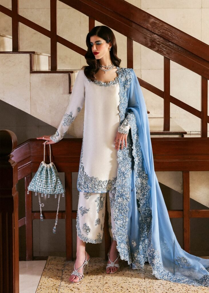 Hussain Rehar Embroidered Organza Party Wear Suit - Model Front Look | Pakistani Designer Replica Wholesale | IQNAZ