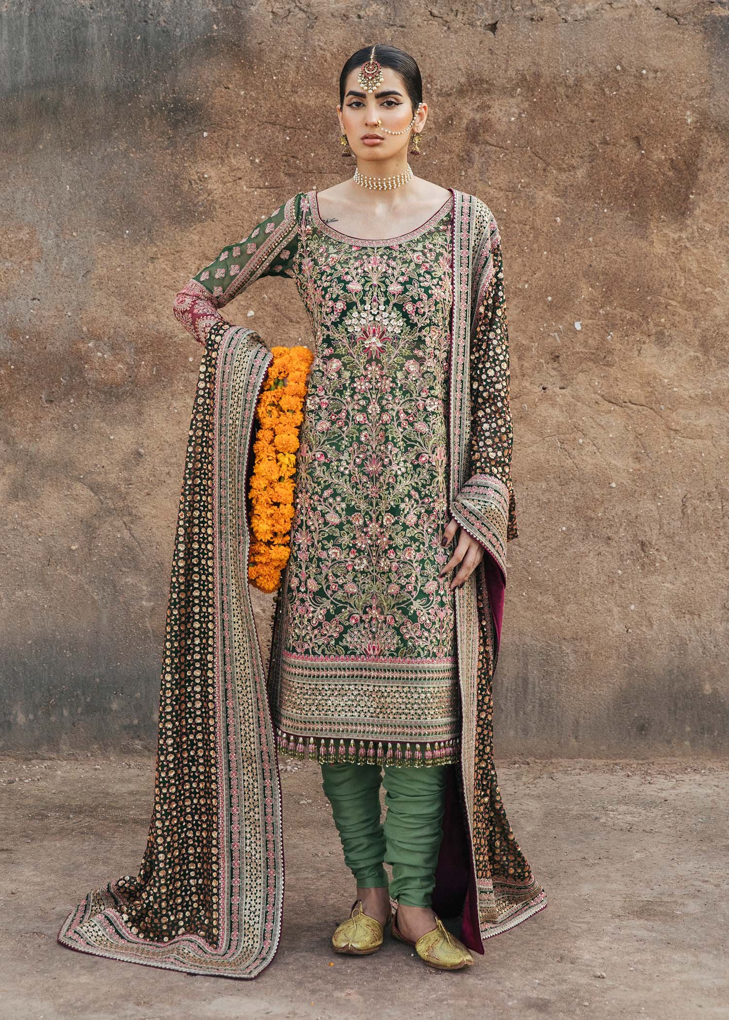 Hussain Rehar Zeenat Hand Embellished Organza Party Wear Suit - Model Front Look | Pakistani Designer Replica Wholesale | IQNAZ