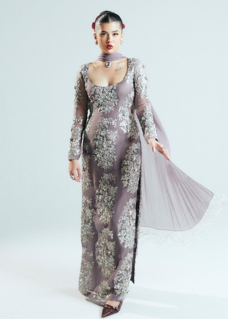 Hussain Rehar Mystic Embroidered Organza Party Wear Suit - Model Front Look | Pakistani Designer Replica Wholesale | IQNAZ