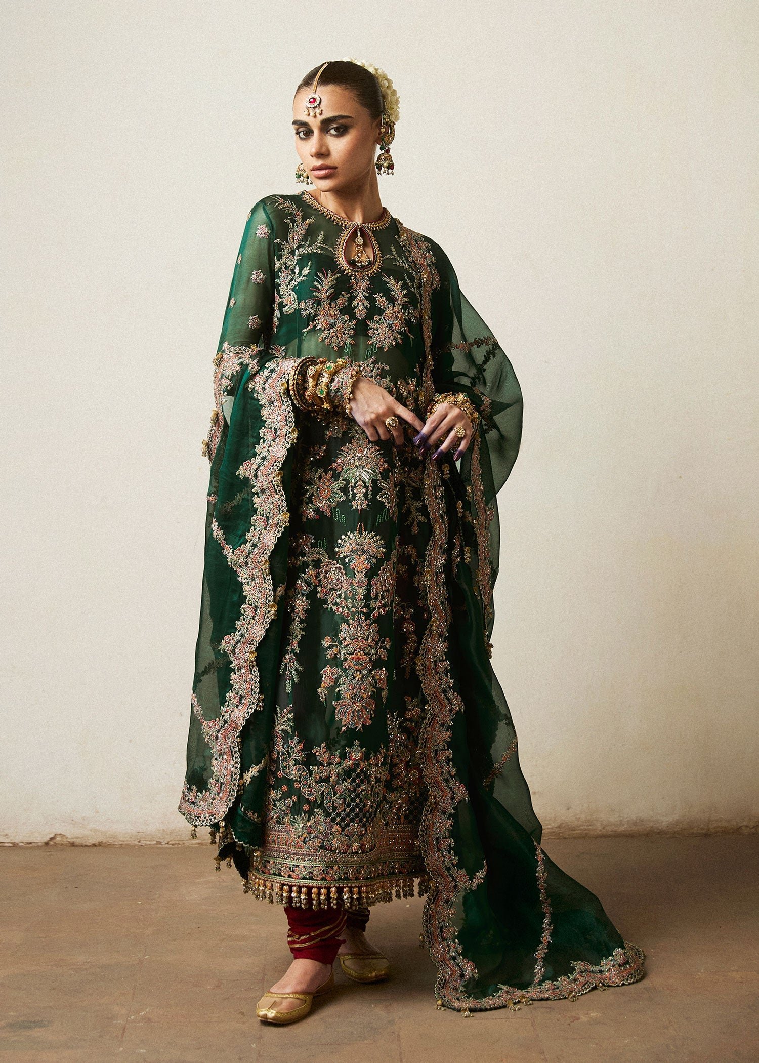Hussain Rehar Jamali Embroidered Organza Party Wear Suit - Model Front Look | Pakistani Designer Replica Wholesale | IQNAZ