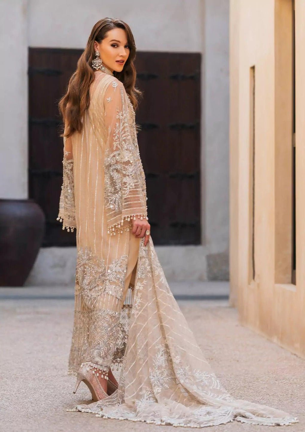 Hussain Rehar Eeb Zayna Embroidered Silk Party Wear Suit - Embroidered Back & Daman Silhouette Detailing | IQNAZ