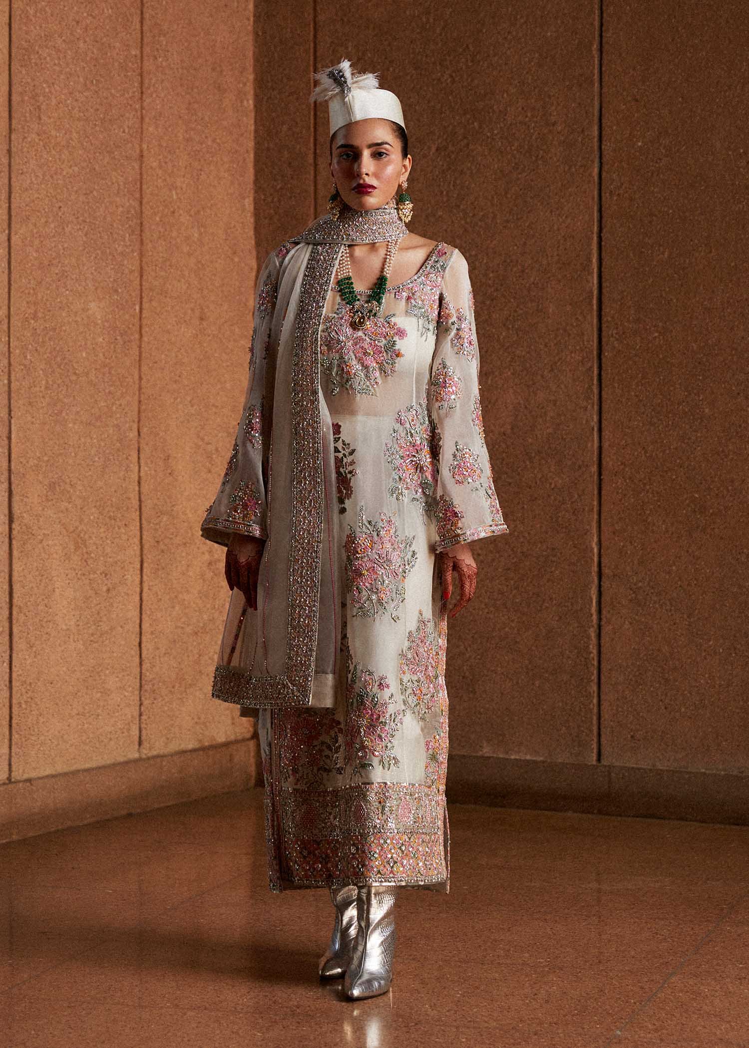 Hussain Rehar Euru Embroidered Organza Party Wear Suit - Embroidered Back & Daman Silhouette Detailing | IQNAZ
