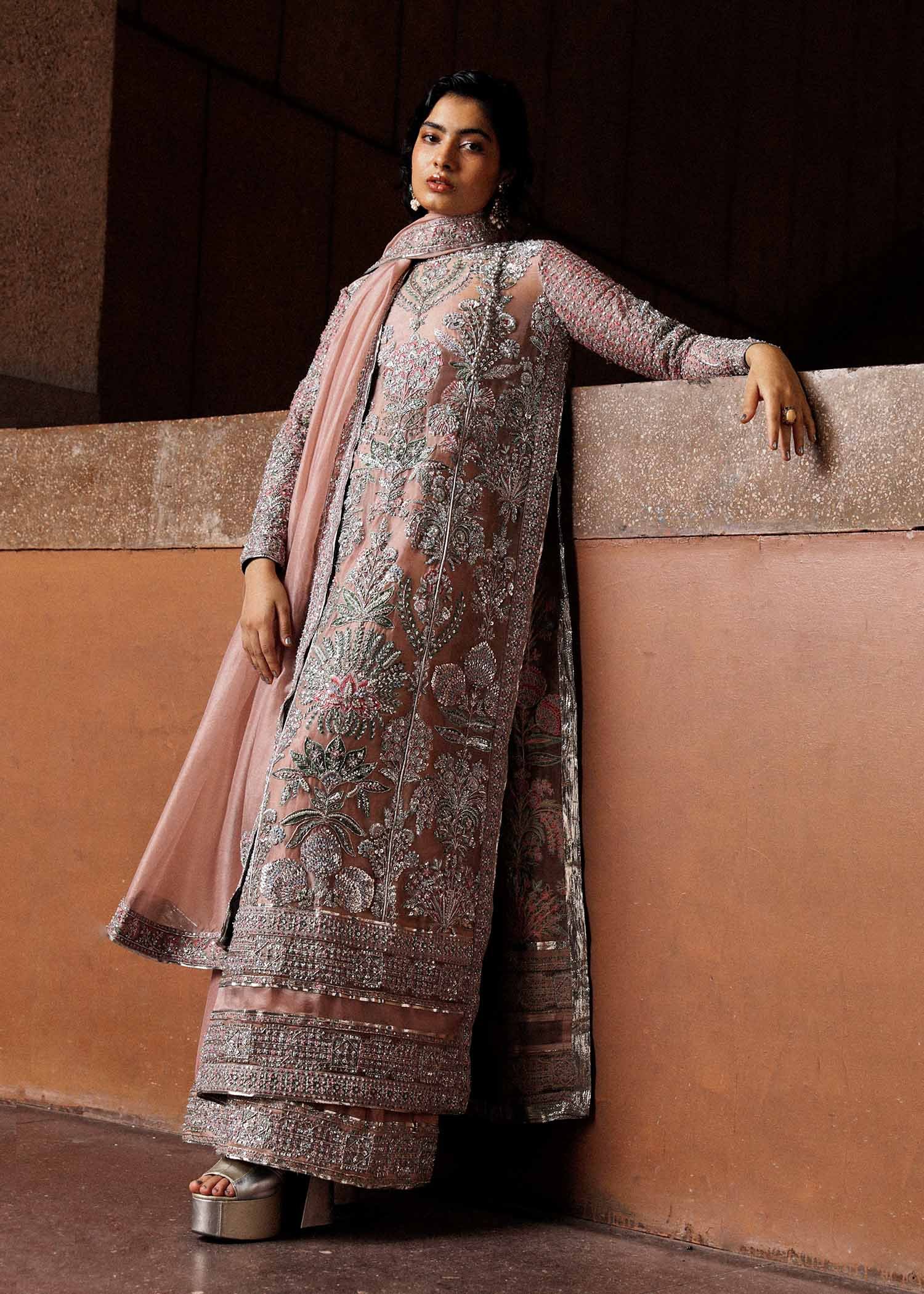 Hussain Rehar Verve Embroidered Organza Party Wear Suit – Back View & Silhouette Hussain Rehar Verve Embroidered Organza Party Wear Suit - Embroidered Back & Daman Silhouette Detailing | IQNAZ