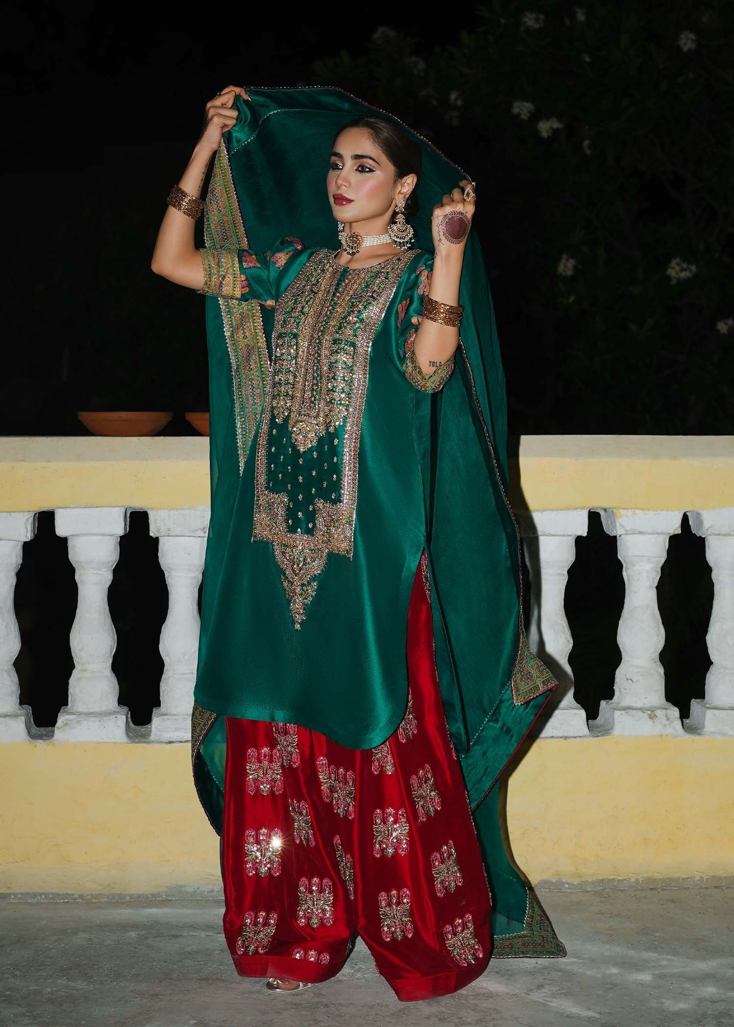Hussain Rehar Embroidered Organza Party Wear Suit - Matching Bottom & Trouser Fabric Details | IQNAZ