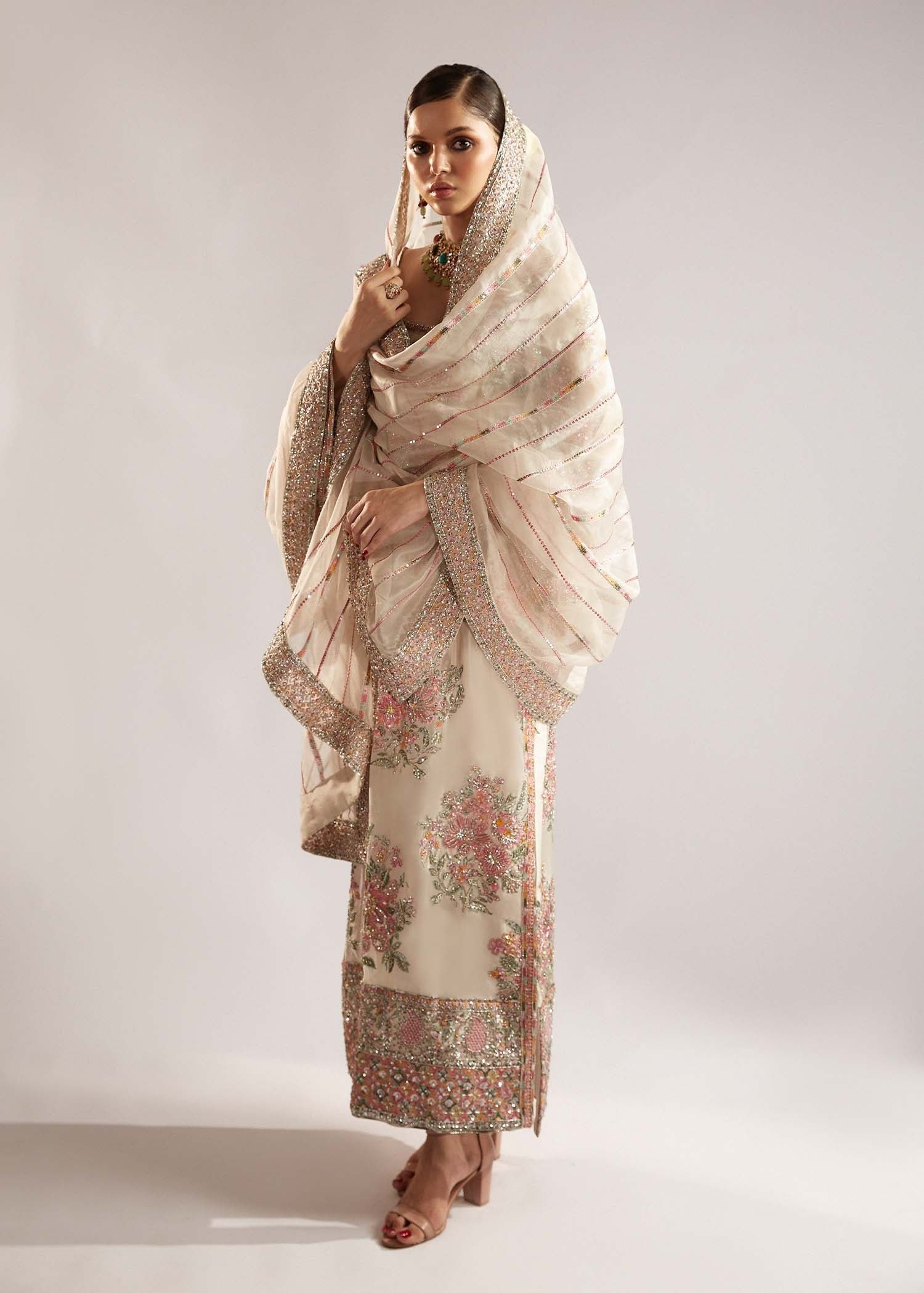 Hussain Rehar Euru Embroidered Organza Party Wear Suit - Four-Sided Embroidered Dupatta & Pallu Border | IQNAZ