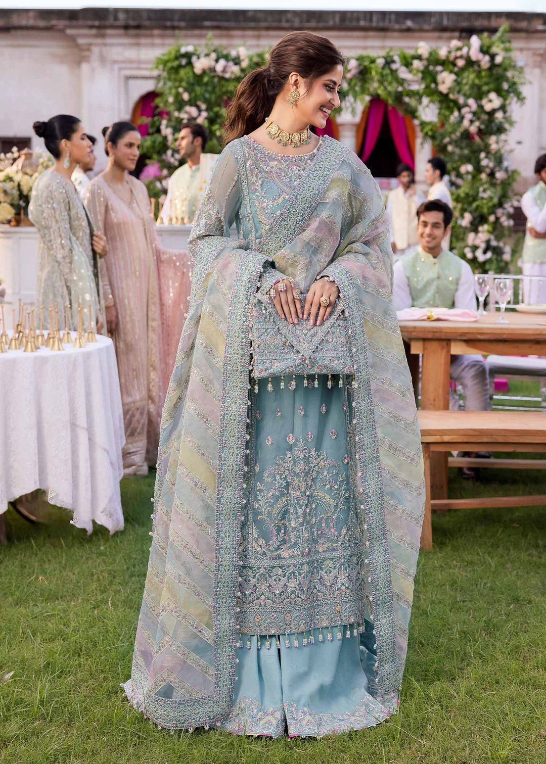Haris Shakeel Noor Embroidered Organza Party Wear Suit - Matching Bottom & Trouser Fabric Details | IQNAZ