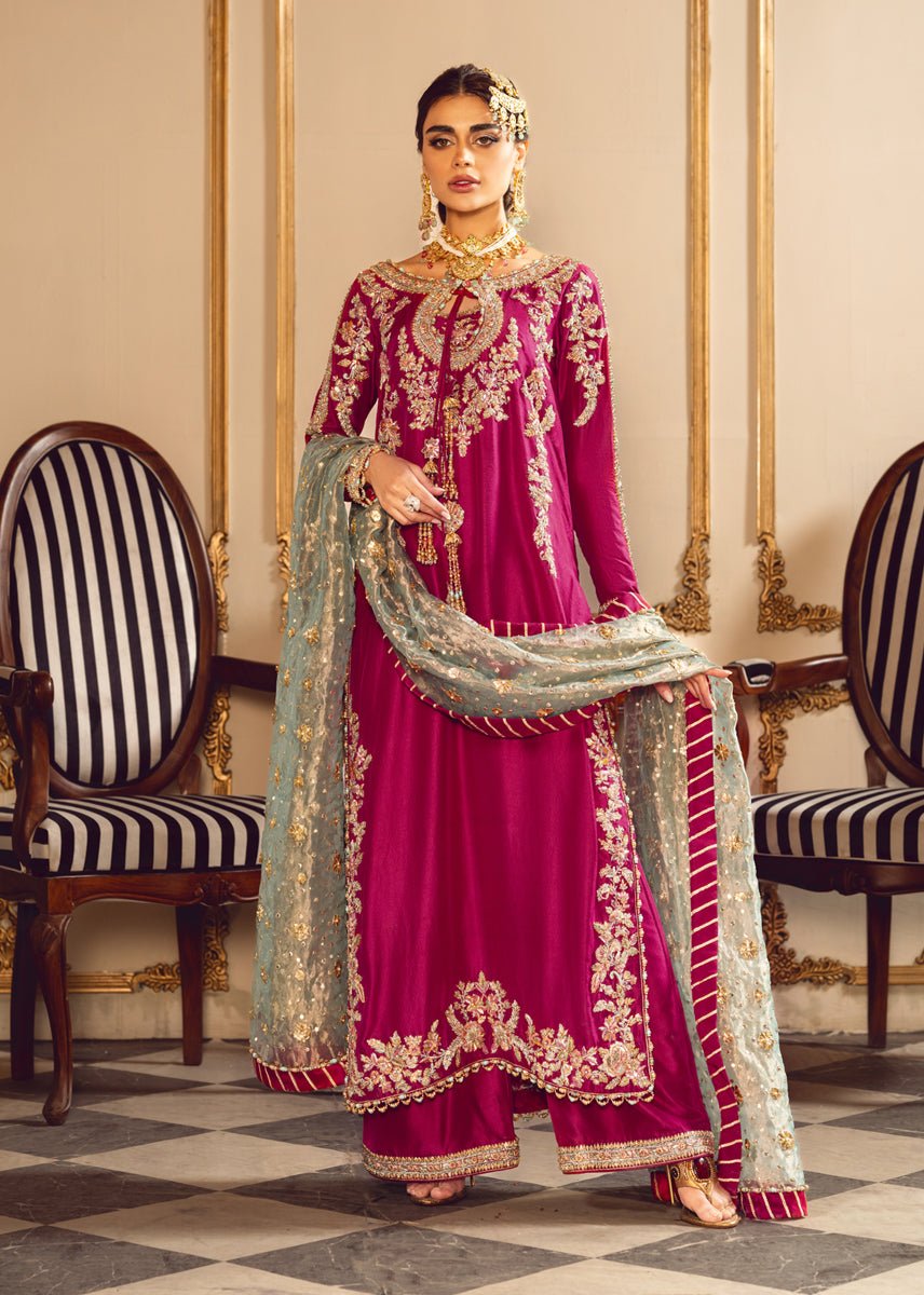 Sara Rohail Asghar Embroidered Silk Party Wear Suit – Back View & Silhouette Sara Rohail Asghar Embroidered Silk Party Wear Suit - Embroidered Back & Daman Silhouette Detailing | IQNAZ