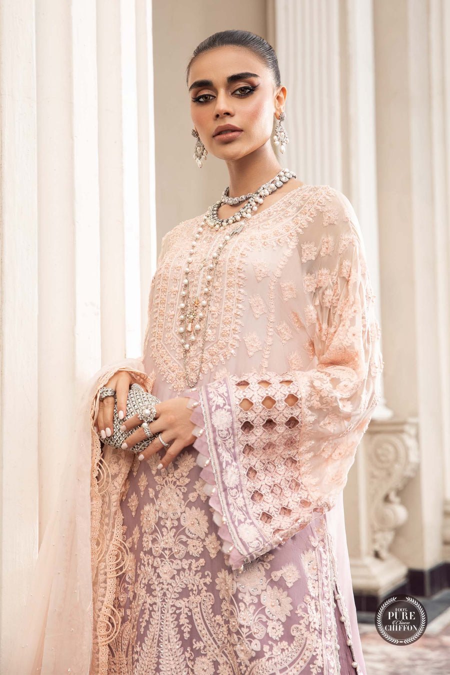 Maria B Mpc Lilac Embroidered Chiffon Party Wear Suit – Back View & Silhouette Maria B Mpc Lilac Embroidered Chiffon Party Wear Suit - Embroidered Back & Daman Silhouette Detailing | IQNAZ