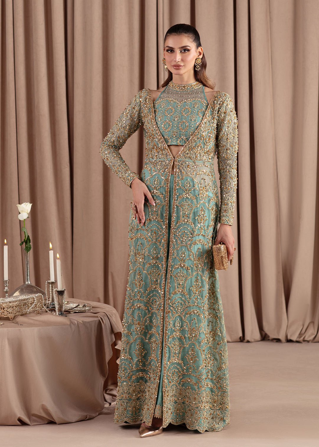 Kanwal Malik Aquamarine Embroidered Organza Party Wear Suit - Model Front Look | Pakistani Designer Replica Wholesale | IQNAZ