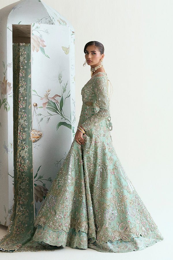 Suffuse Iris Couture Ashal Hand Embellished Organza Party Wear Suit - Matching Bottom & Trouser Fabric Details | IQNAZ