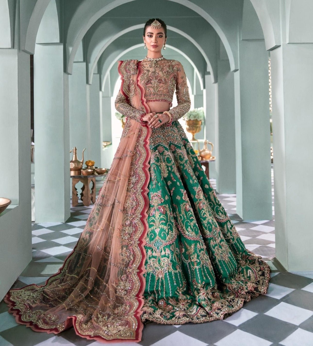 Republic Womens Wear B-15 Hand Embellished Net Bridal Lehenga - Close-Up Hand Embellishment Tilla & Pearl Work | IQNAZ