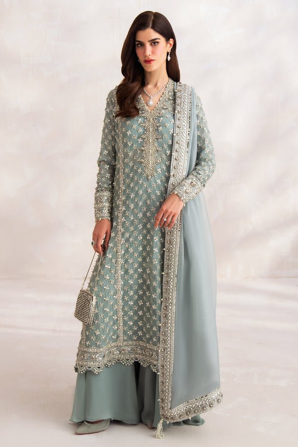 Elan Hand Embellished Organza Party Wear Gharara - Model Front Look | Pakistani Designer Replica Wholesale | IQNAZ