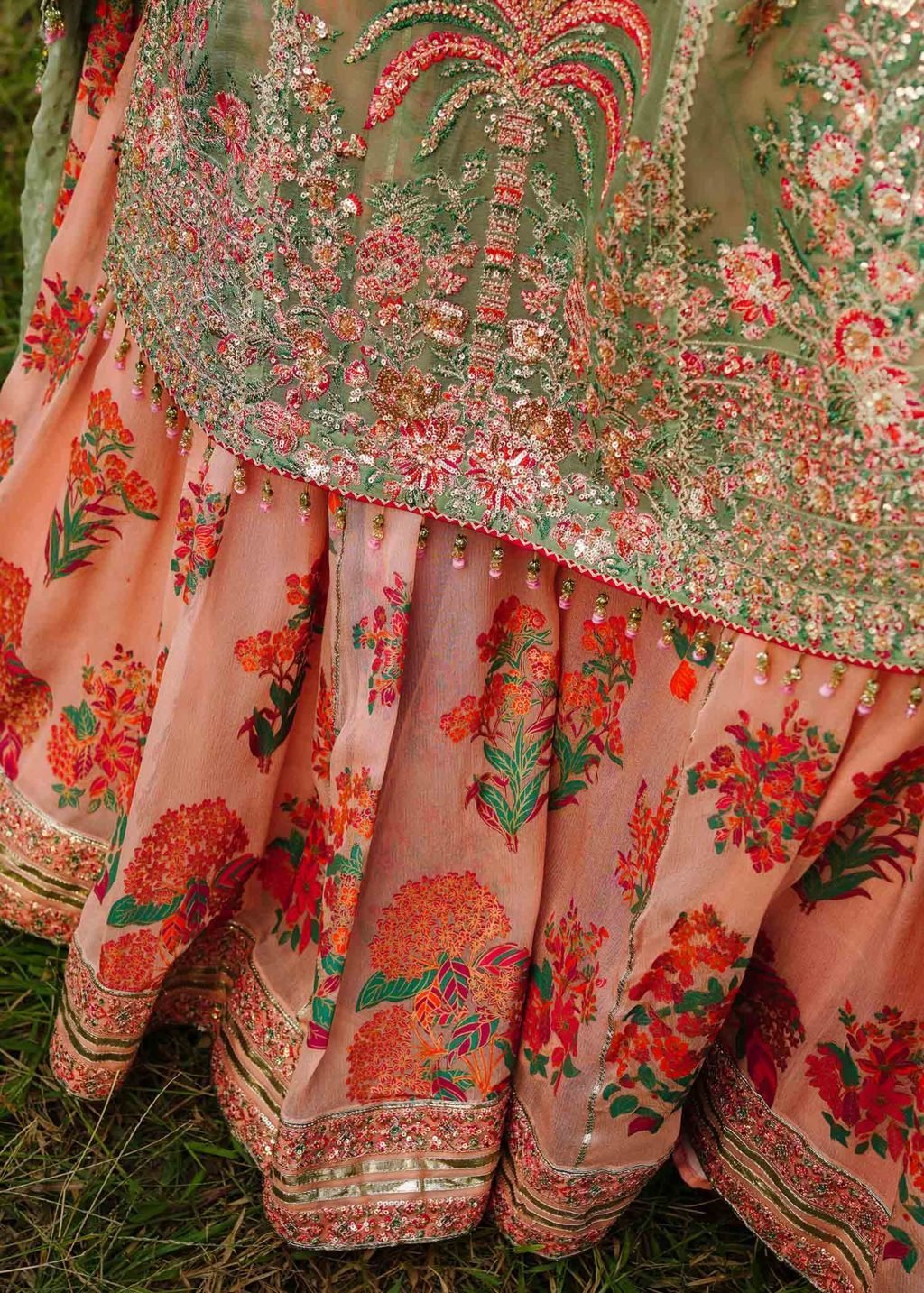 Hussain Rehar Hand Embellished Chiffon Party Wear Suit – Embroidery & Handwork Detail Hussain Rehar Hand Embellished Chiffon Party Wear Suit - Close-Up Hand Embellishment Tilla & Pearl Work | IQNAZ