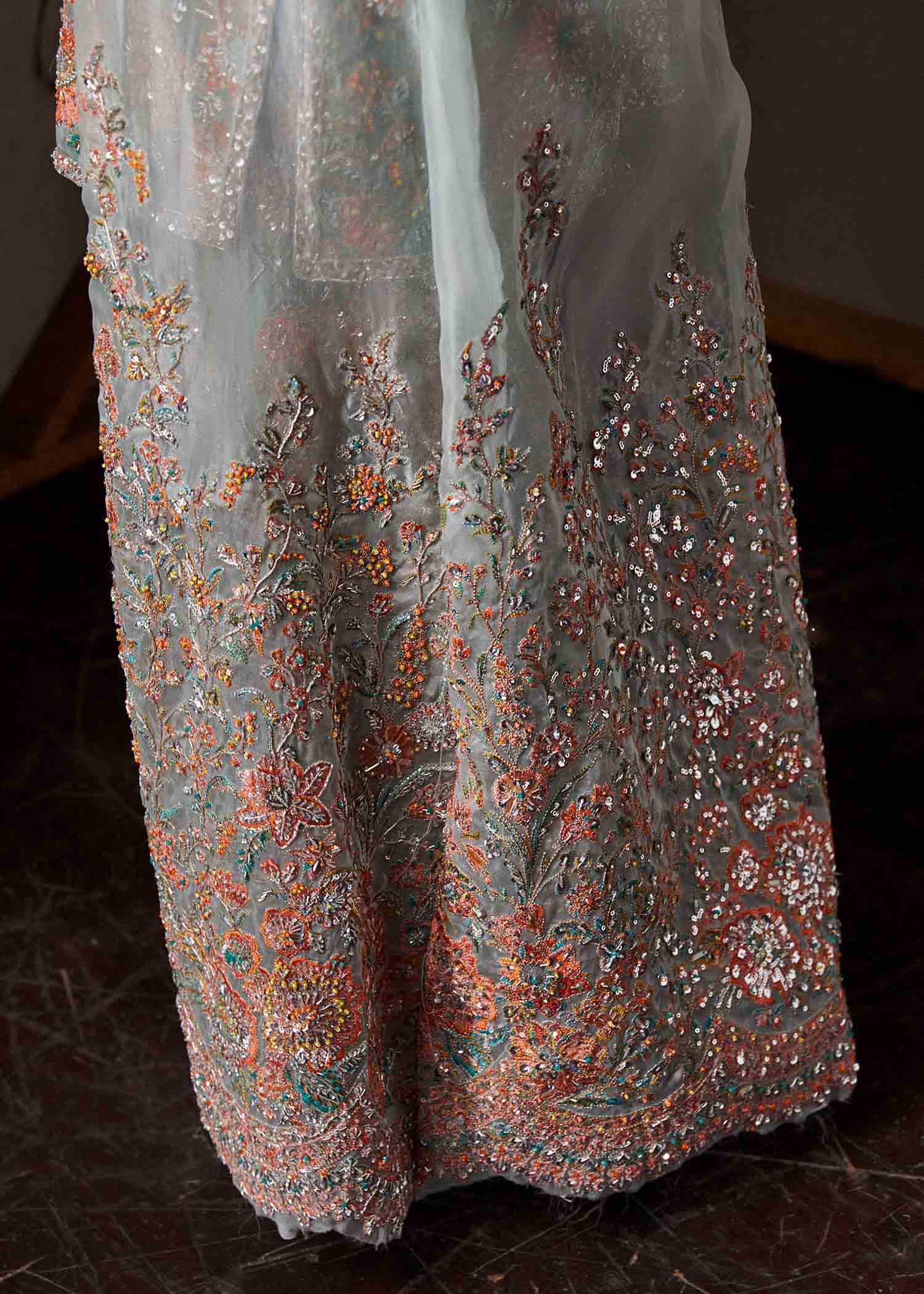 Hussain Rehar Hand Embellished Organza Party Wear Suit - Close-Up Hand Embellishment Tilla & Pearl Work | IQNAZ