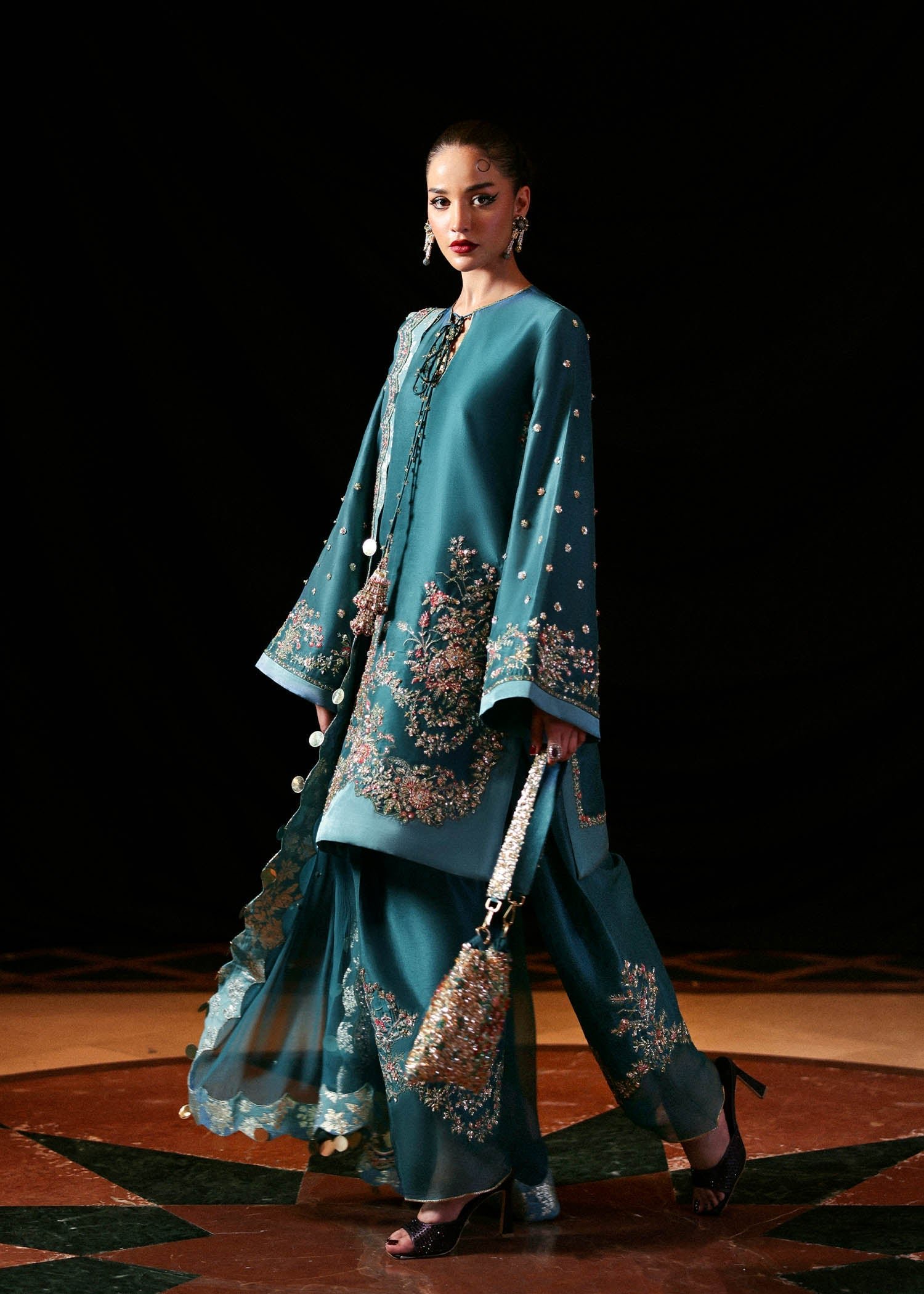 Hussain Rehar Embroidered Organza Party Wear Suit - Four-Sided Embroidered Dupatta & Pallu Border | IQNAZ