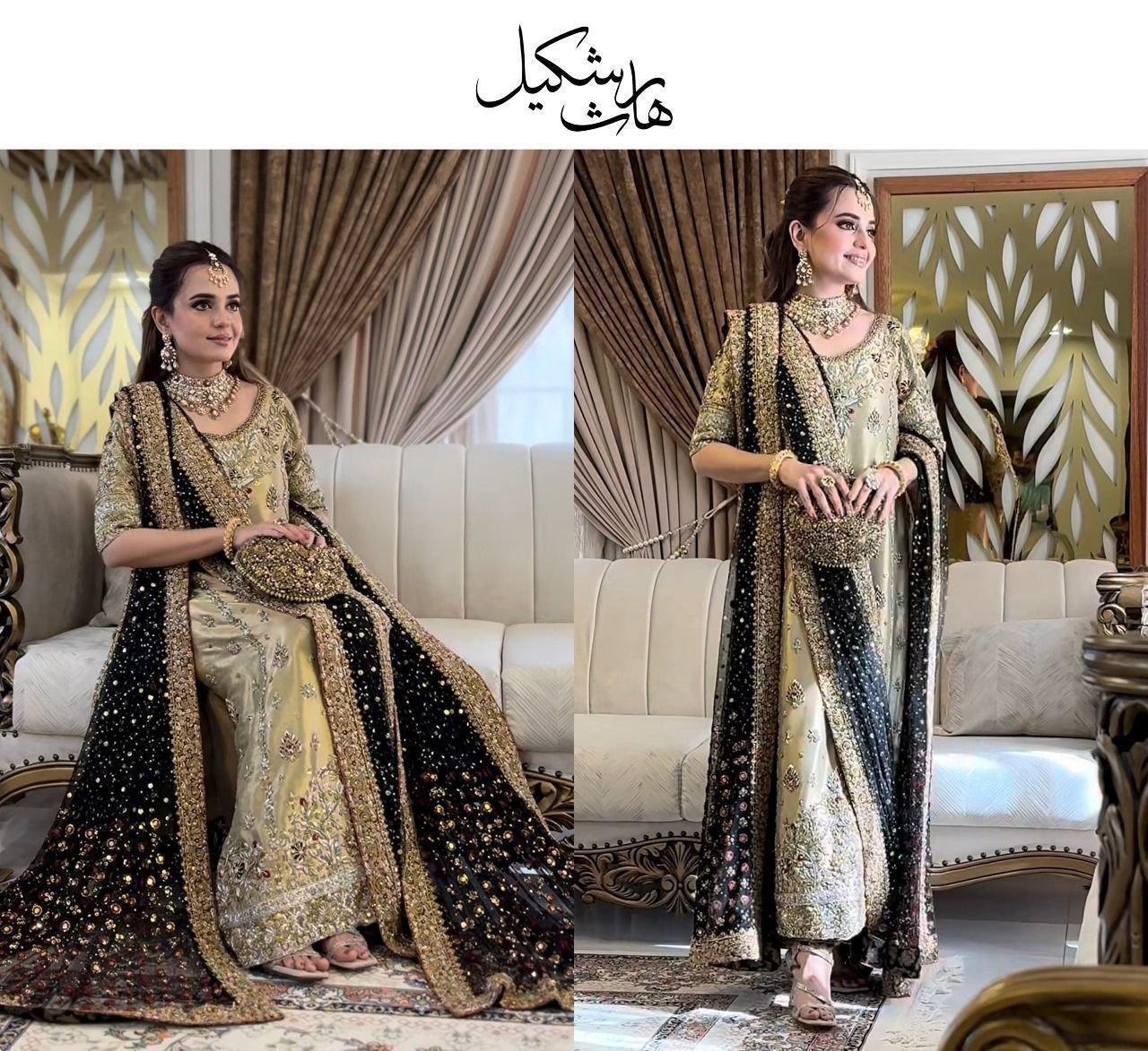 Haris Shakeel Embroidered Silk Party Wear Suit - Model Front Look | Pakistani Designer Replica Wholesale | IQNAZ