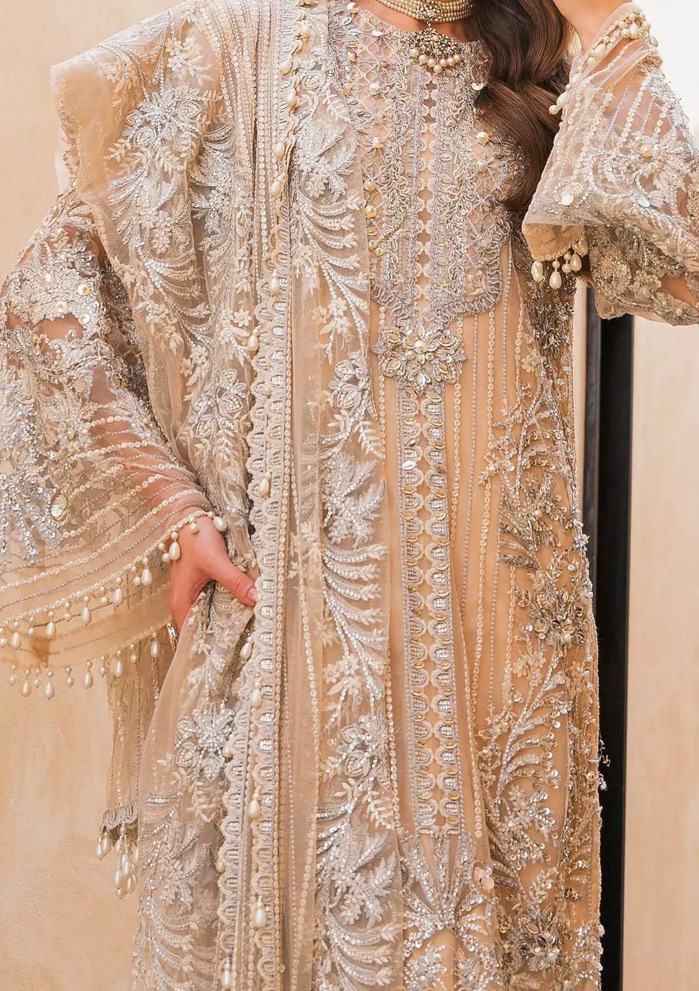 Hussain Rehar Eeb Zayna Embroidered Silk Party Wear Suit - Four-Sided Embroidered Dupatta & Pallu Border | IQNAZ