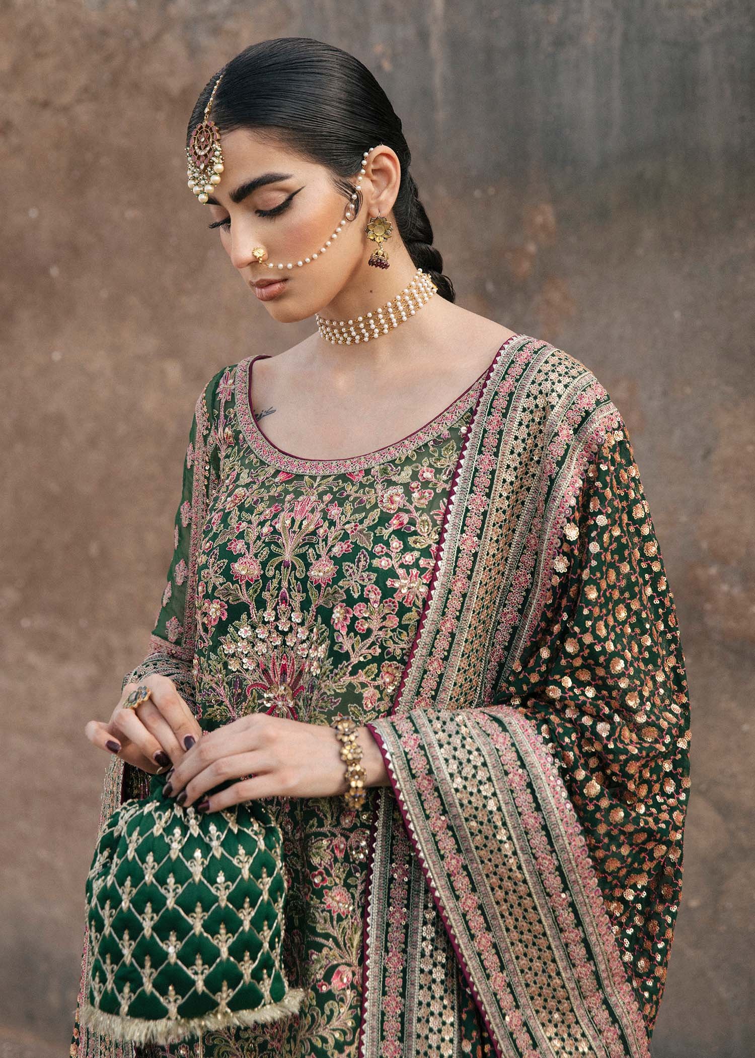 Hussain Rehar Zeenat Hand Embellished Organza Party Wear Suit - Embroidered Back & Daman Silhouette Detailing | IQNAZ