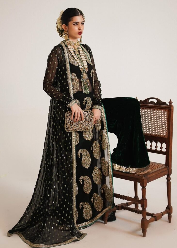 Hussain Rehar Hand Embellished Silk Party Wear Suit - Model Front Look | Pakistani Designer Replica Wholesale | IQNAZ
