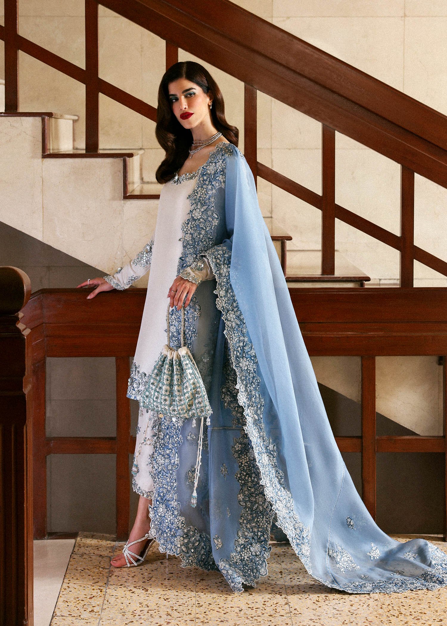 Hussain Rehar Embroidered Organza Party Wear Suit - Designer Photoshoot Gallery Angle 8 | IQNAZ Couture