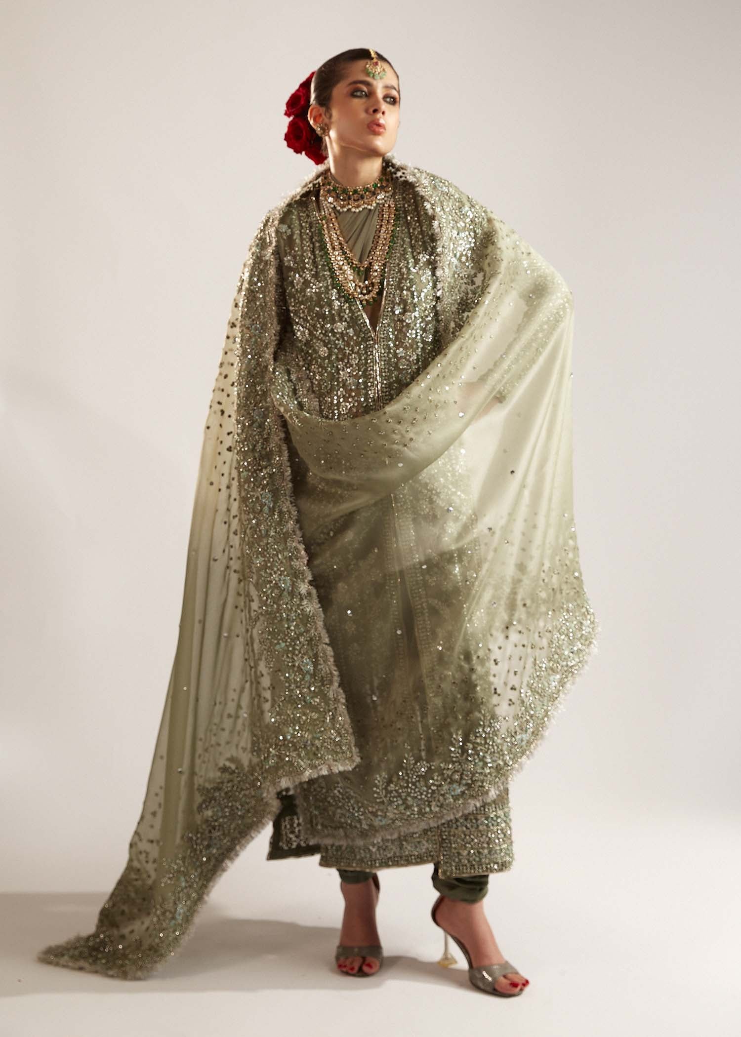 Hussain Rehar Jadeite Embroidered Organza Party Wear Suit - Four-Sided Embroidered Dupatta & Pallu Border | IQNAZ