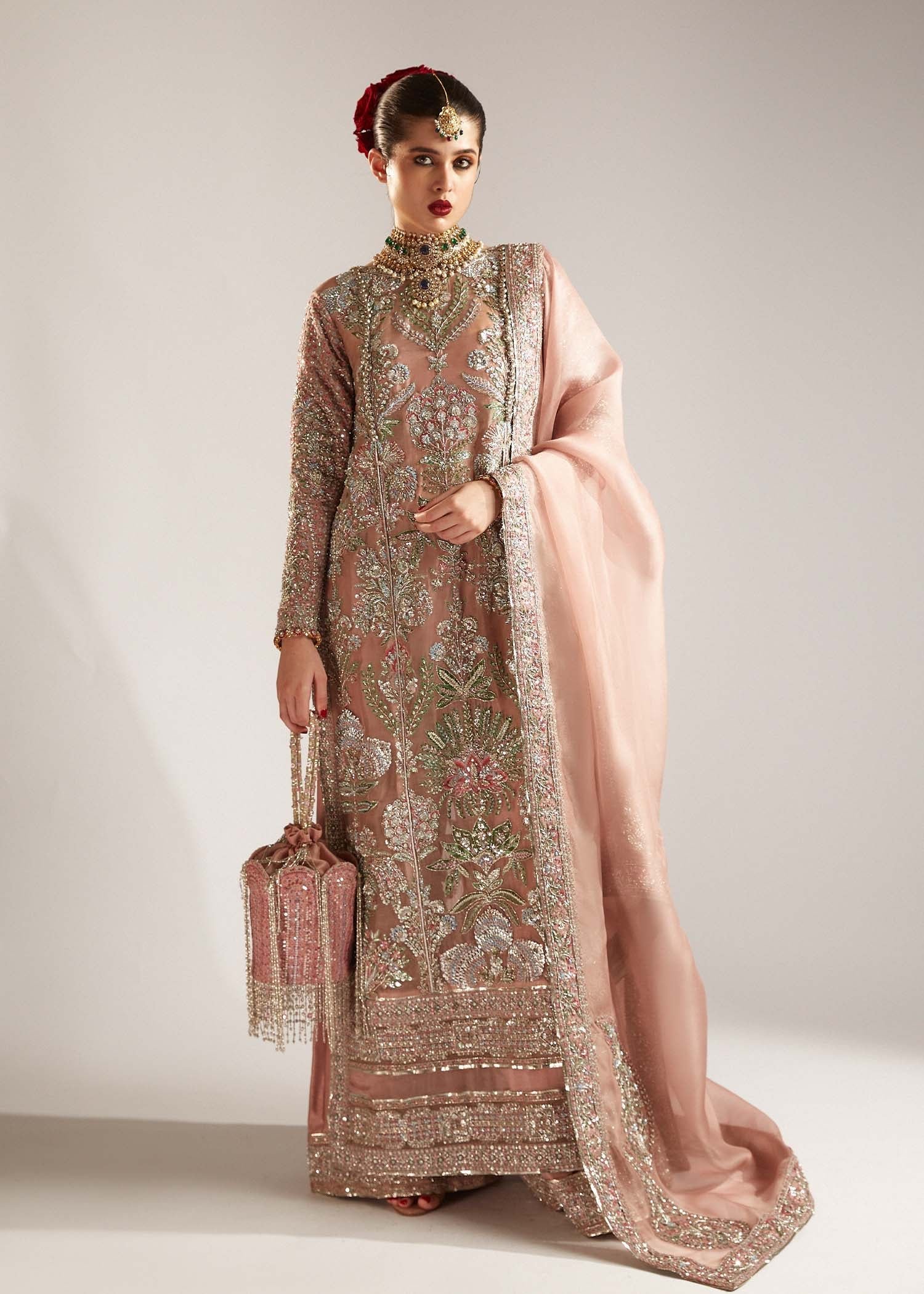 Hussain Rehar Verve Embroidered Organza Party Wear Suit – Model Front View Hussain Rehar Verve Embroidered Organza Party Wear Suit - Model Front Look | Pakistani Designer Replica Wholesale | IQNAZ