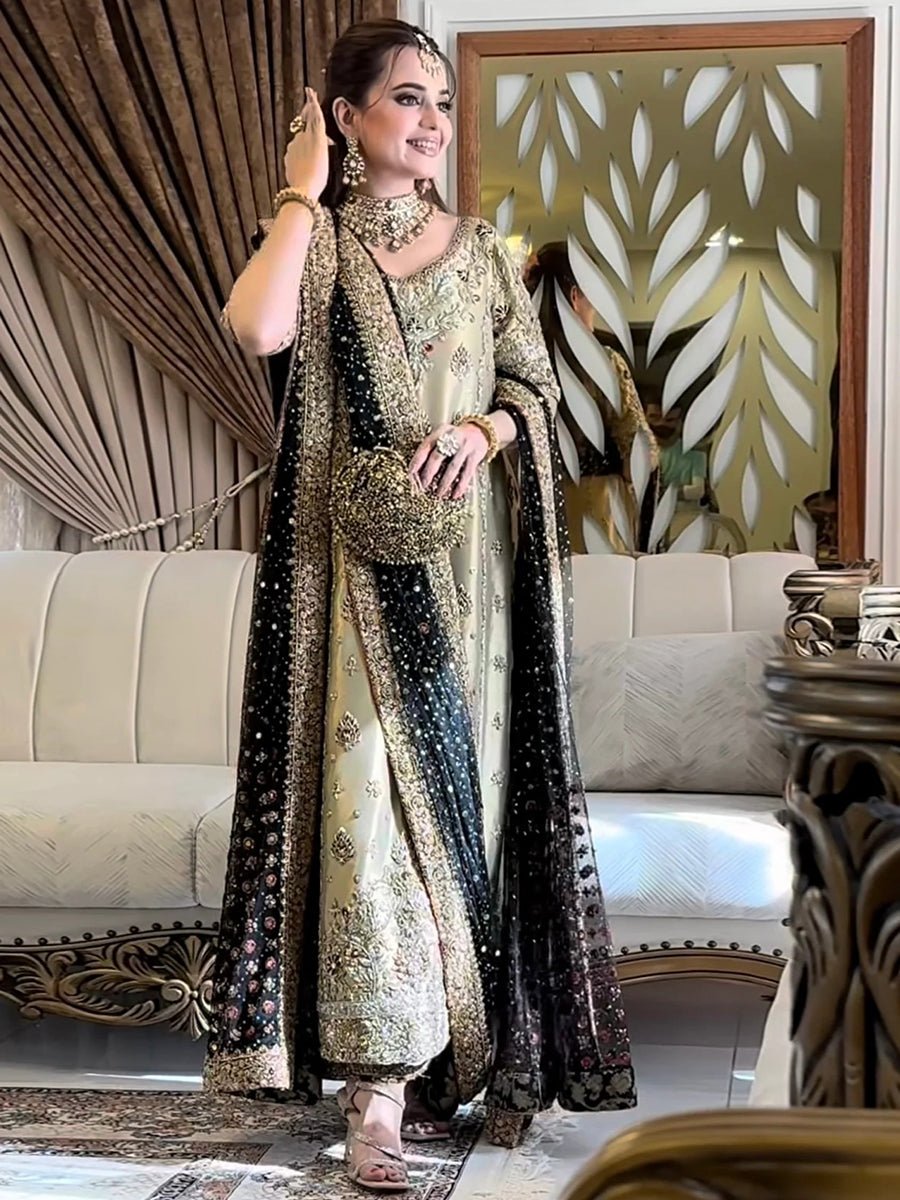 Haris Shakeel Embroidered Silk Party Wear Suit - Close-Up Hand Embellishment Tilla & Pearl Work | IQNAZ