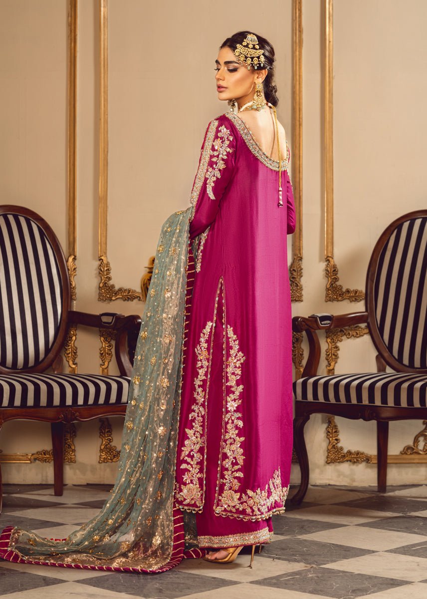 Sara Rohail Asghar Embroidered Silk Party Wear Suit – Embroidery & Handwork Detail Sara Rohail Asghar Embroidered Silk Party Wear Suit - Close-Up Hand Embellishment Tilla & Pearl Work | IQNAZ