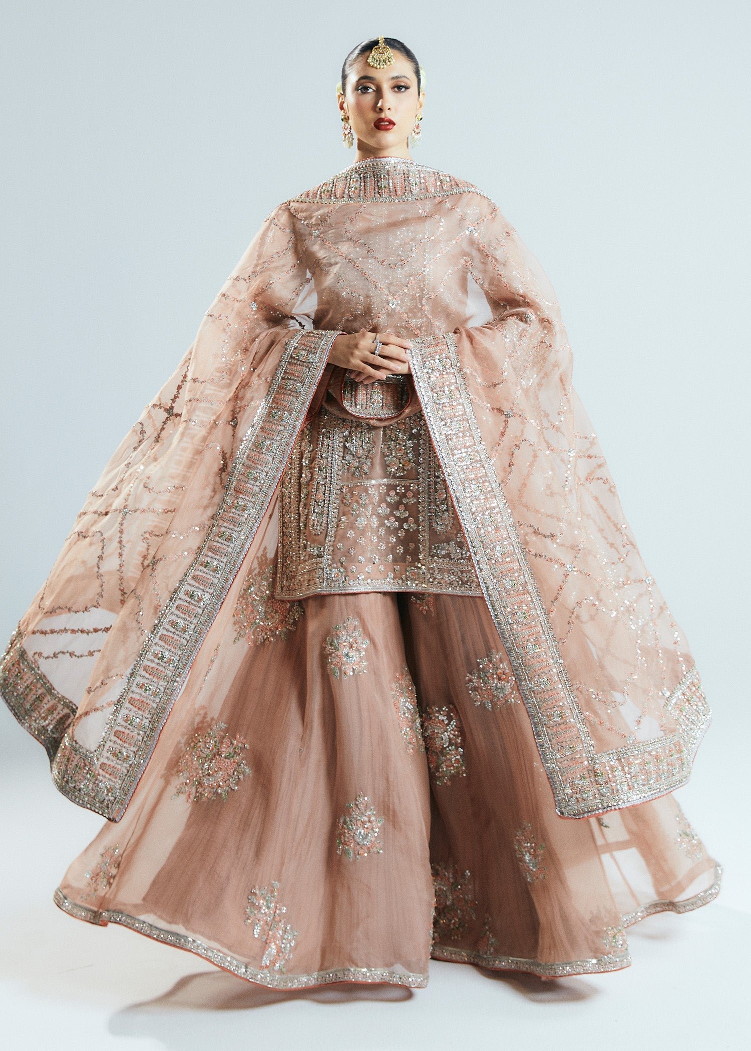 Hussain Rehar Dune Embroidered Organza Party Wear Suit - Four-Sided Embroidered Dupatta & Pallu Border | IQNAZ