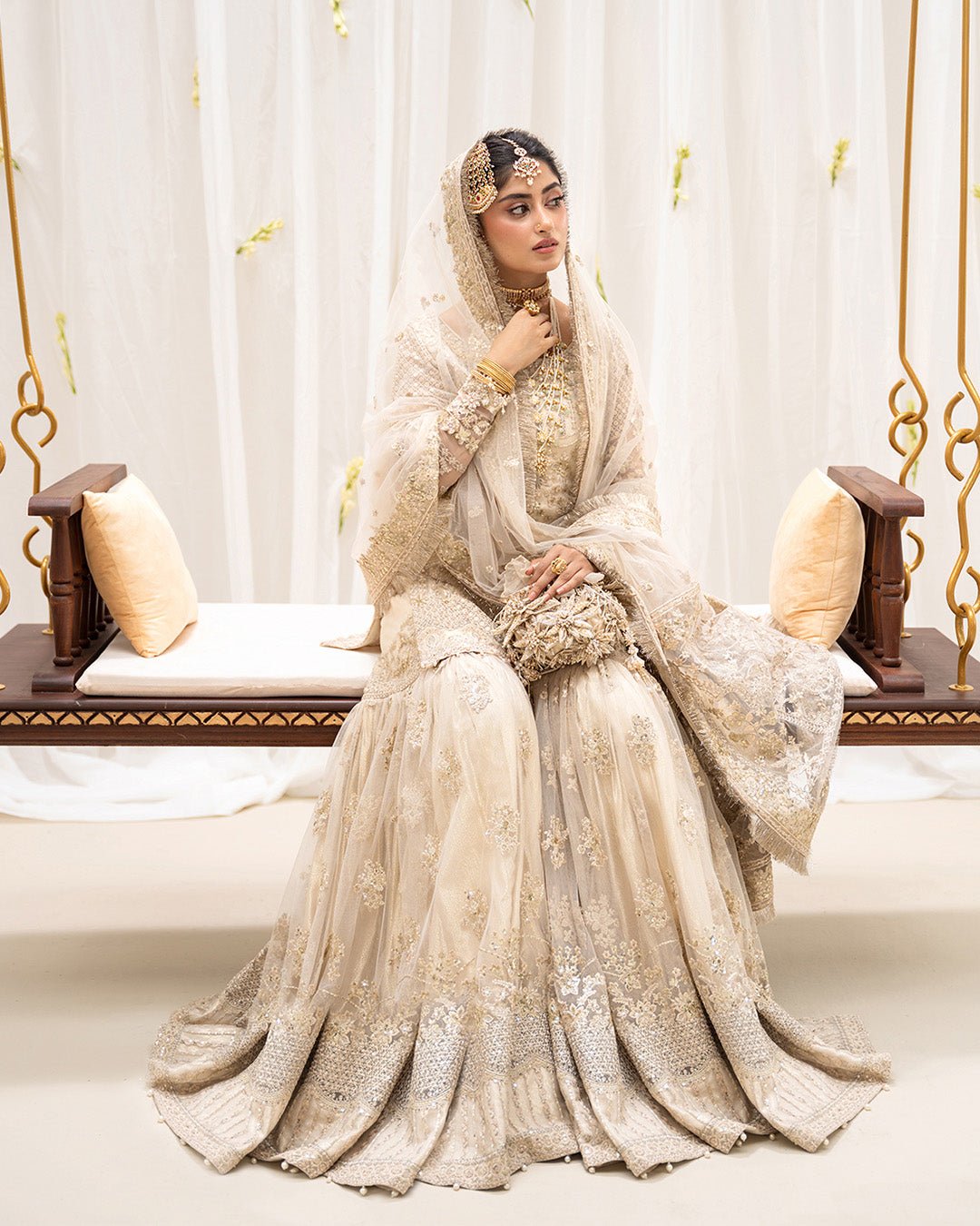 Faiza Saqlain Safak Hand Embellished Net Party Wear Suit – Back View & Silhouette Faiza Saqlain Safak Hand Embellished Net Party Wear Suit - Embroidered Back & Daman Silhouette Detailing | IQNAZ
