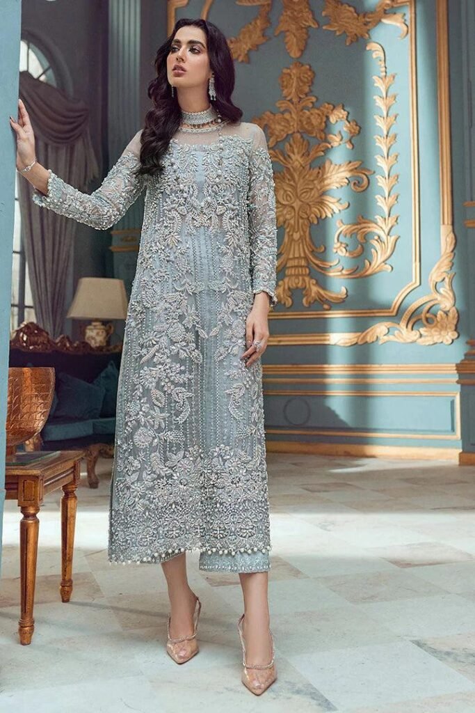 Mushq Ela Hand Embellished Organza Party Wear Gharara - Model Front Look | Pakistani Designer Replica Wholesale | IQNAZ