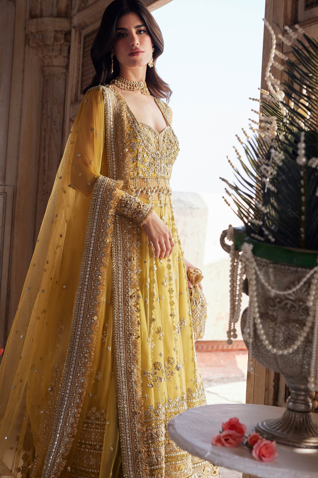 Zaha Surajmukhi Hand Embellished Raw Silk Bridal Lehenga – Back View & Silhouette Zaha Surajmukhi Hand Embellished Raw Silk Bridal Lehenga - Embroidered Back & Daman Silhouette Detailing | IQNAZ