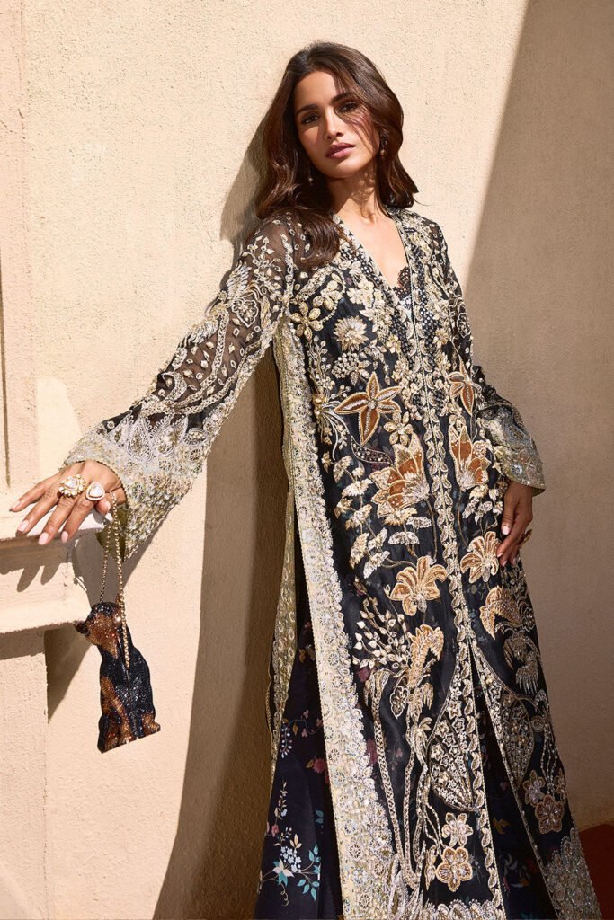 Soraya Stella Embroidered Organza Party Wear Suit - Model Front Look | Pakistani Designer Replica Wholesale | IQNAZ