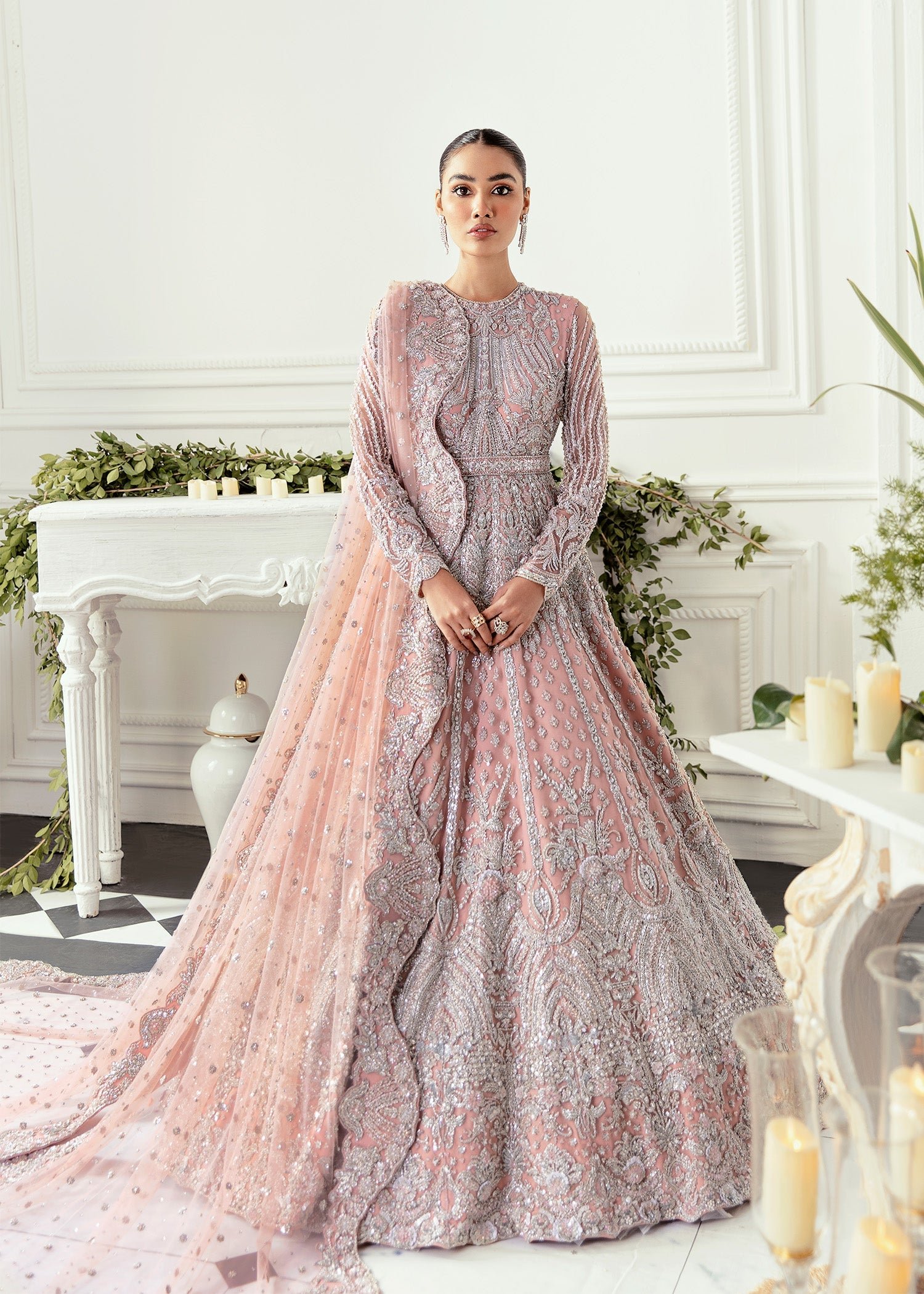 Akbar Aslam Hand Embellished Organza Party Wear Suit – Model Front View Akbar Aslam Hand Embellished Organza Party Wear Suit - Model Front Look | Pakistani Designer Replica Wholesale | IQNAZ