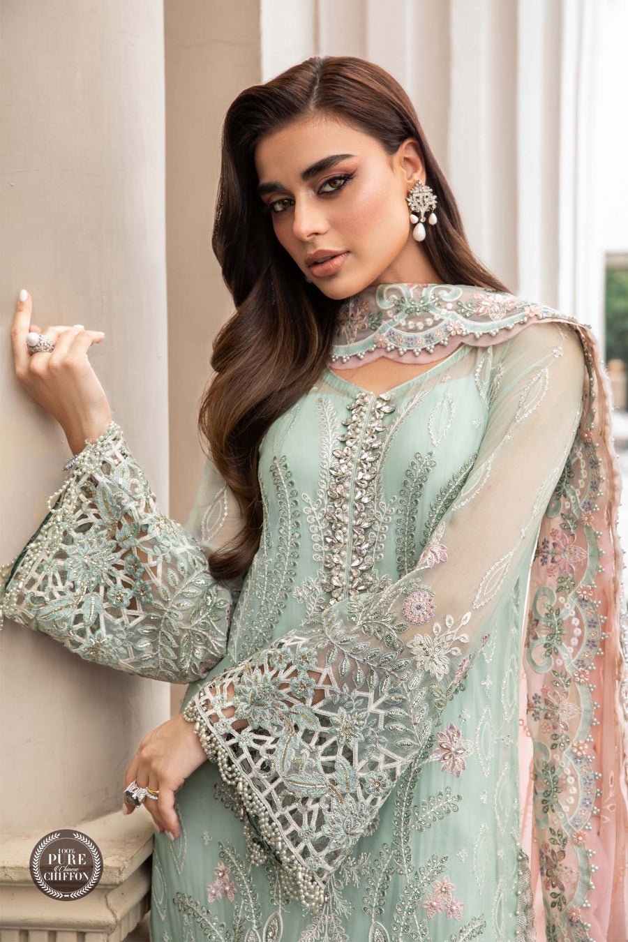 Maria B Mpc Mint Embroidered Chiffon Party Wear Suit - Four-Sided Embroidered Dupatta & Pallu Border | IQNAZ