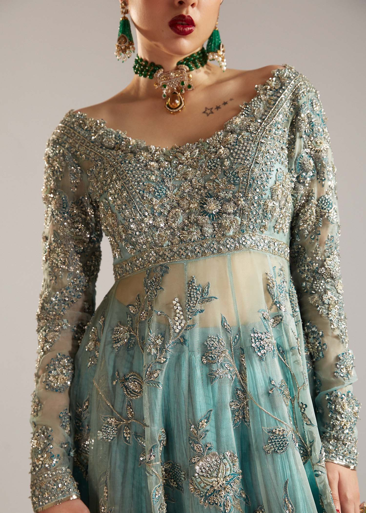Hussain Rehar Hand Embellished Silk Party Wear Suit - Matching Bottom & Trouser Fabric Details | IQNAZ