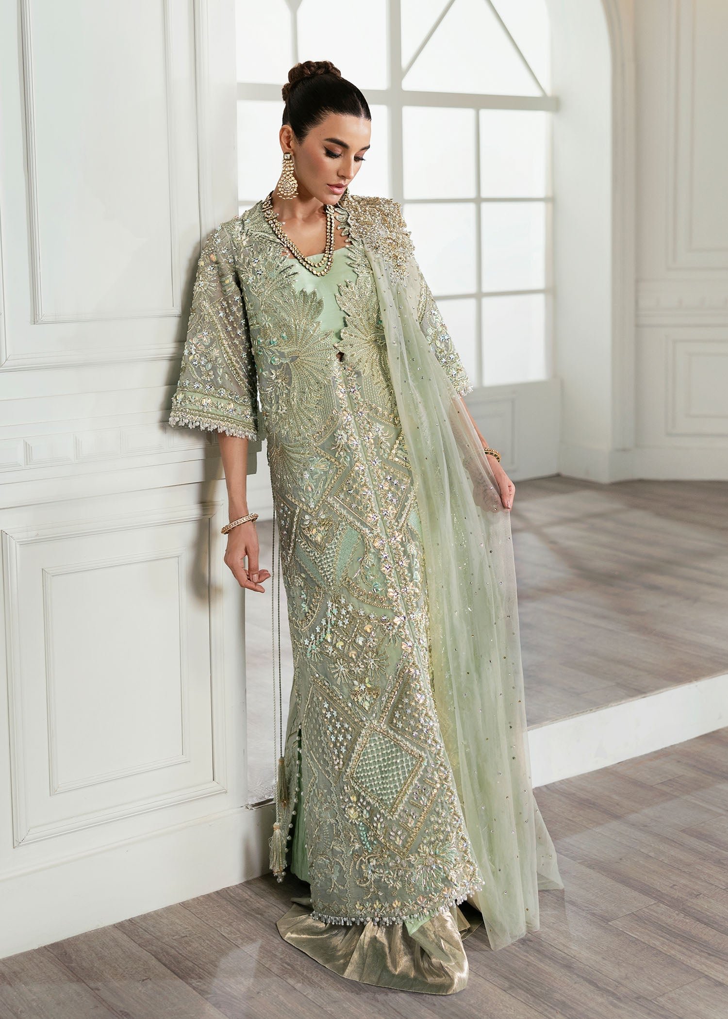 Republic Womens Wear Art Deco Embroidered Organza Party Wear Suit - Close-Up Hand Embellishment Tilla & Pearl Work | IQNAZ