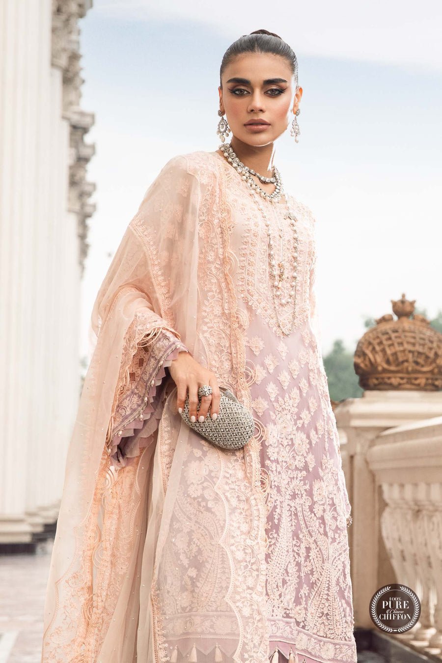 Maria B Mpc Lilac Embroidered Chiffon Party Wear Suit – Embroidery & Handwork Detail Maria B Mpc Lilac Embroidered Chiffon Party Wear Suit - Close-Up Hand Embellishment Tilla & Pearl Work | IQNAZ