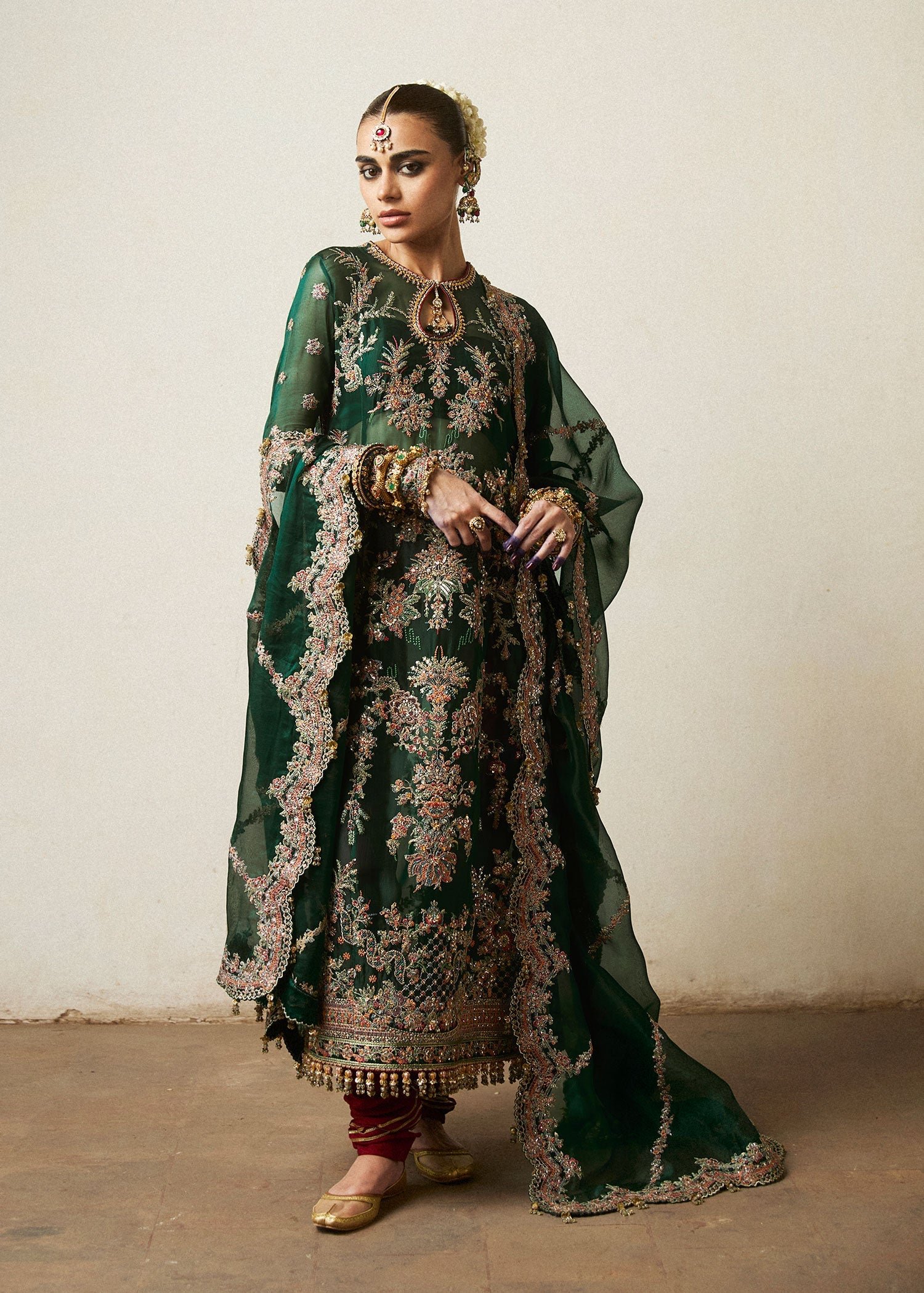 Hussain Rehar Jamali Embroidered Organza Party Wear Suit - Close-Up Hand Embellishment Tilla & Pearl Work | IQNAZ