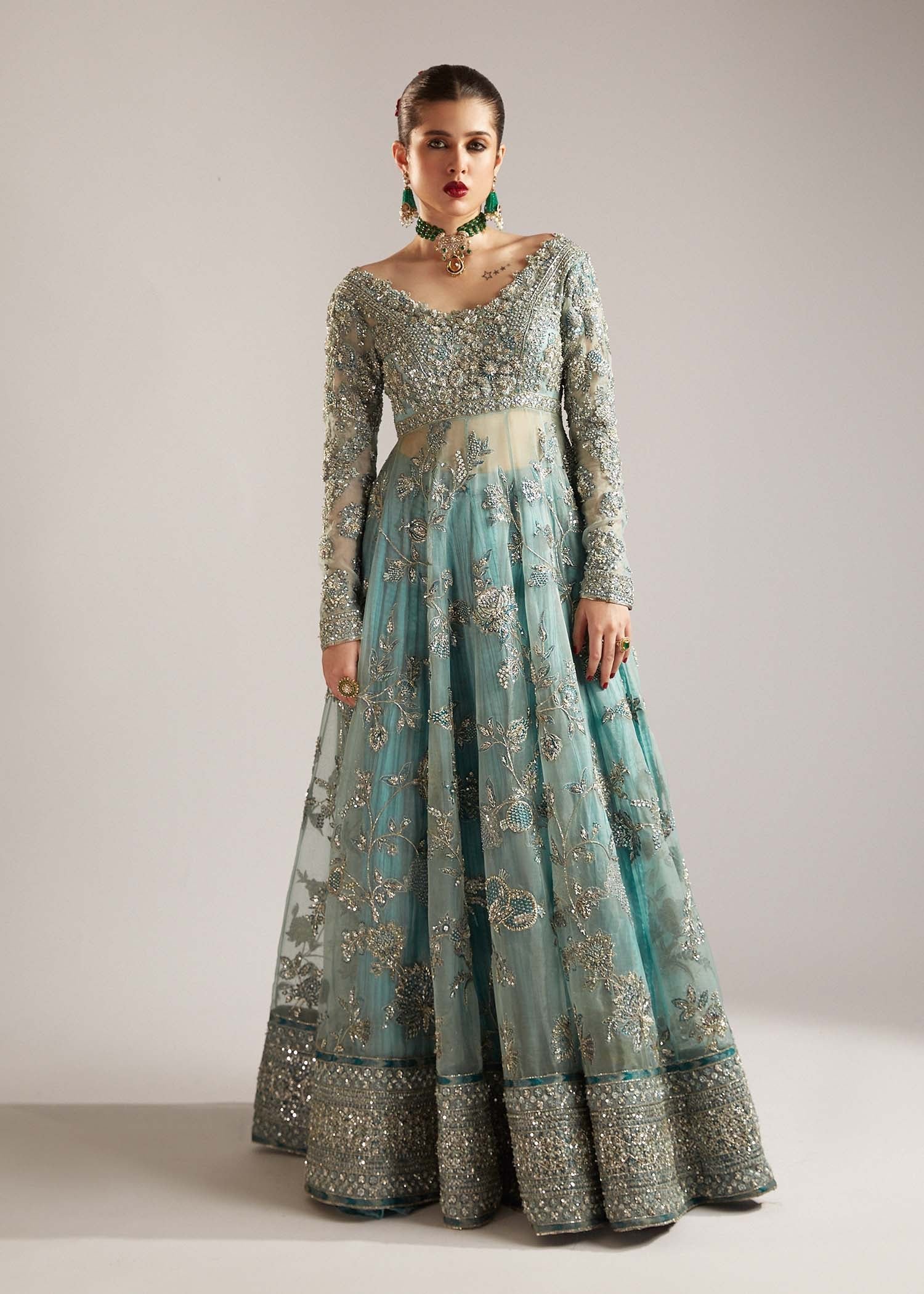 Hussain Rehar Hand Embellished Silk Party Wear Suit - Designer Photoshoot Gallery Angle 7 | IQNAZ Couture