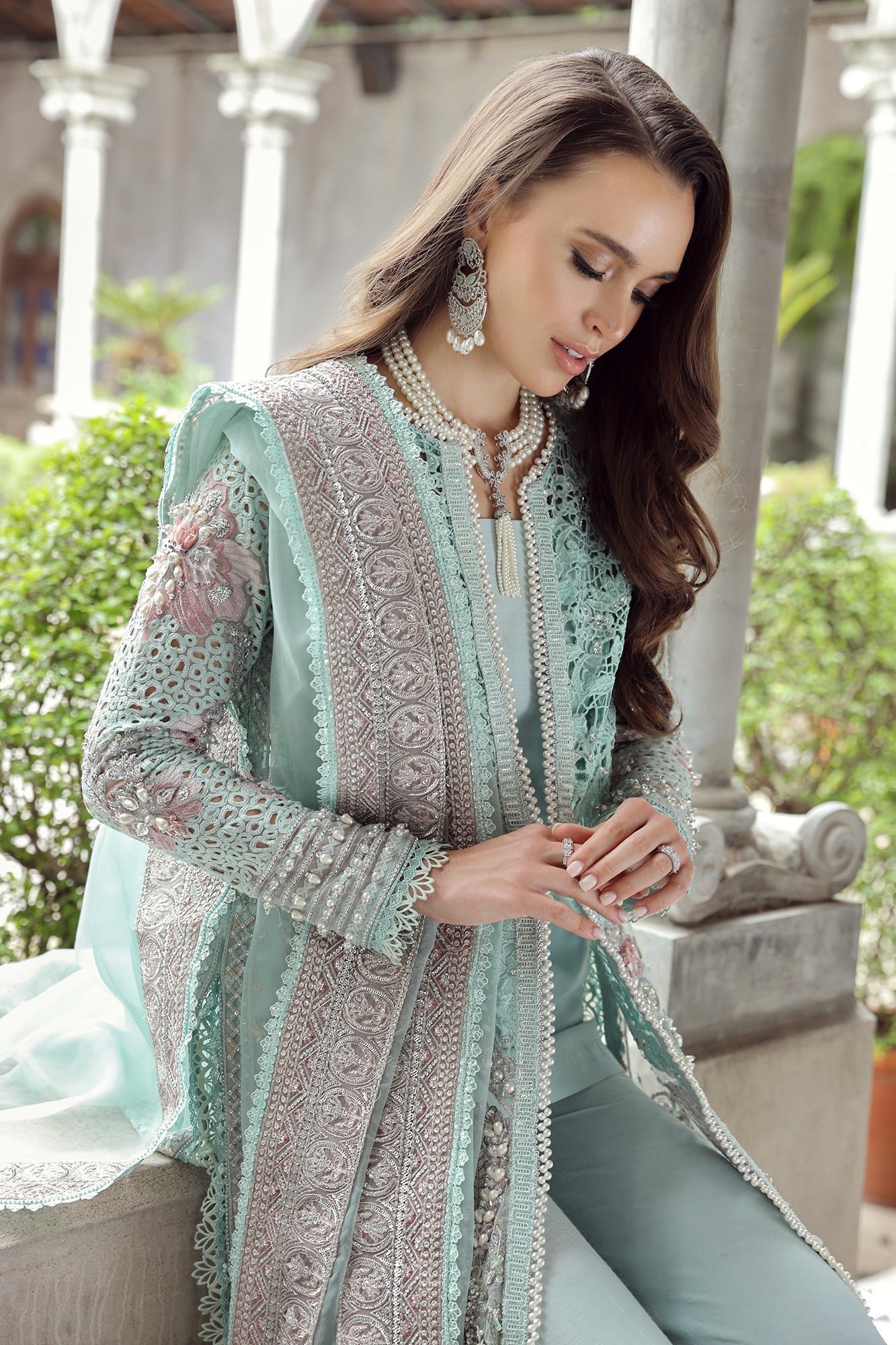 Maryum Hussain Alara Embroidered Organza Party Wear Suit - Close-Up Hand Embellishment Tilla & Pearl Work | IQNAZ
