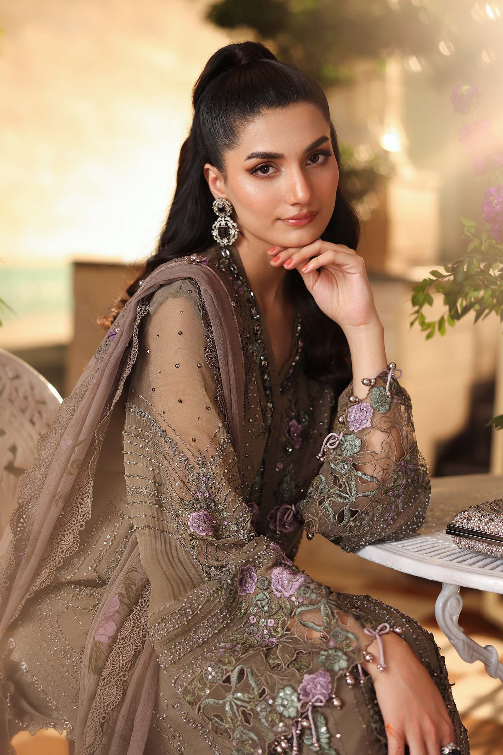 Maria B Embroidered Chiffon Party Wear Suit - Close-Up Hand Embellishment Tilla & Pearl Work | IQNAZ