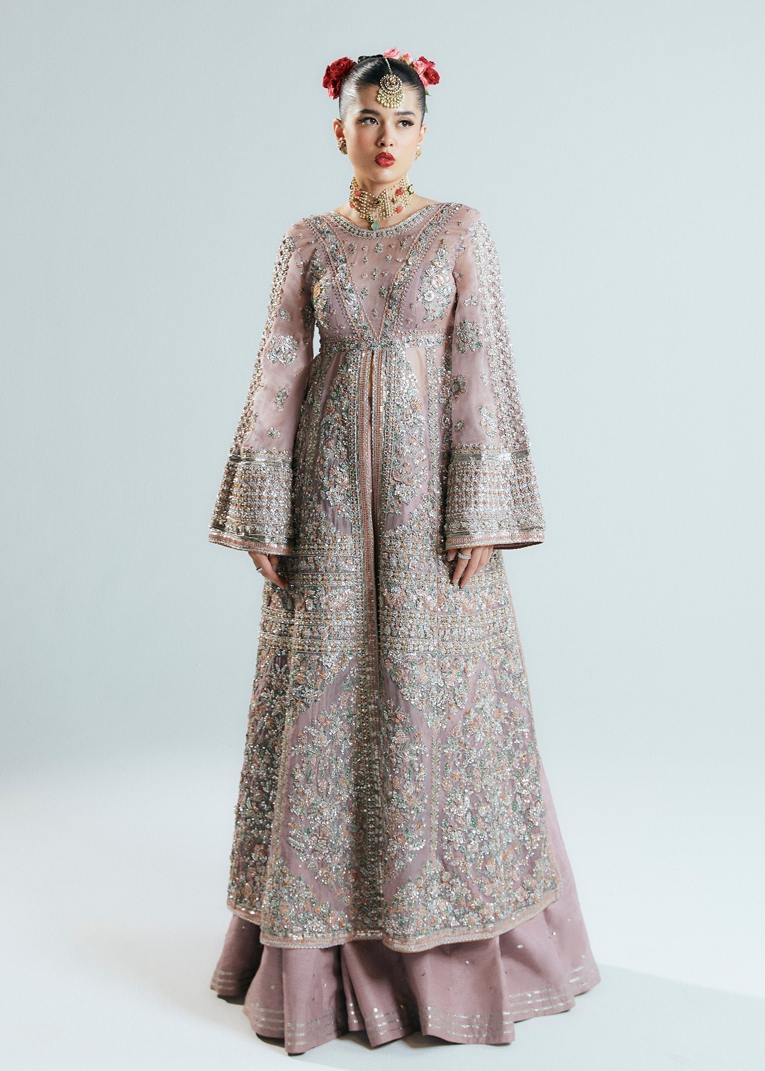 Faiza Saqlain Rosabelle Hand Embellished Organza Party Wear Suit - Close-Up Hand Embellishment Tilla & Pearl Work | IQNAZ