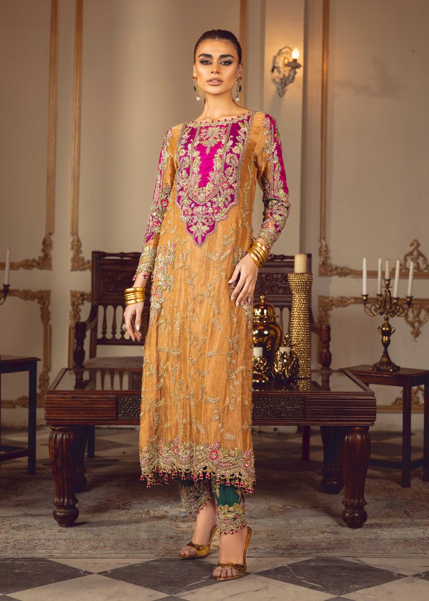 Sara Rohail Asghar Embroidered Silk Party Wear Suit - Matching Bottom & Trouser Fabric Details | IQNAZ