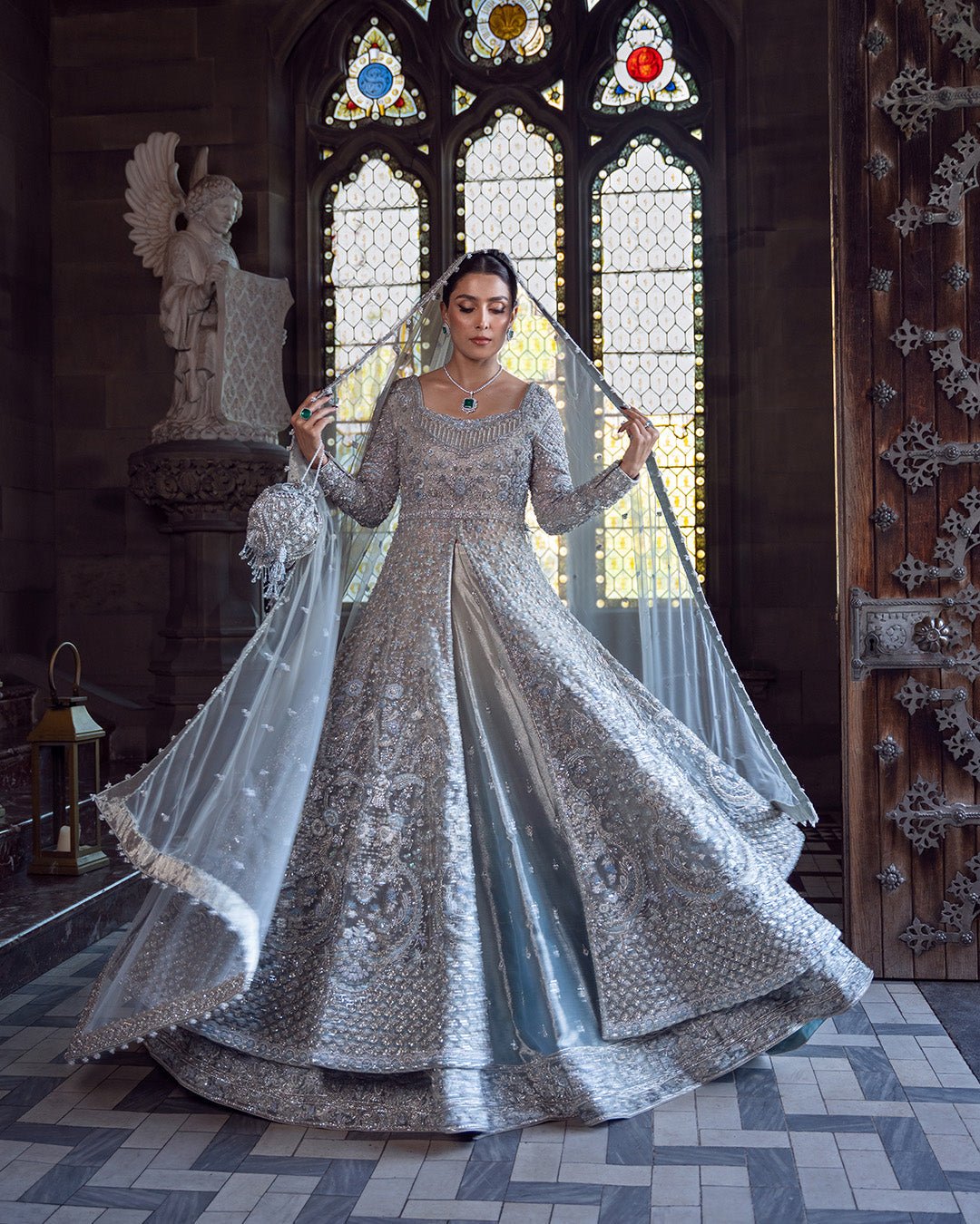 Faiza Saqlain Ayana Hand Embellished Organza Bridal Lehenga - Designer Photoshoot Gallery Angle 6 | IQNAZ Couture