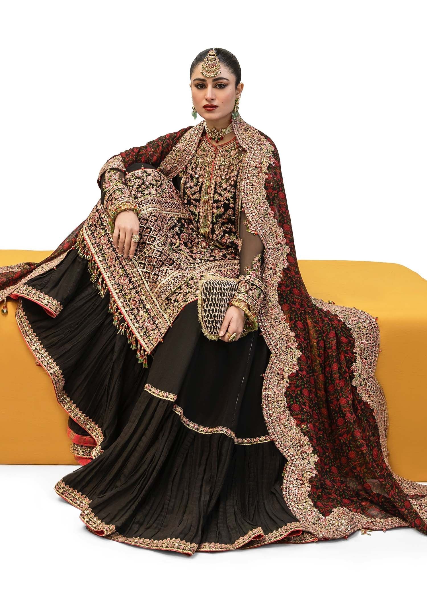 Hussain Rehar Embroidered Chiffon Party Wear Suit - Close-Up Hand Embellishment Tilla & Pearl Work | IQNAZ