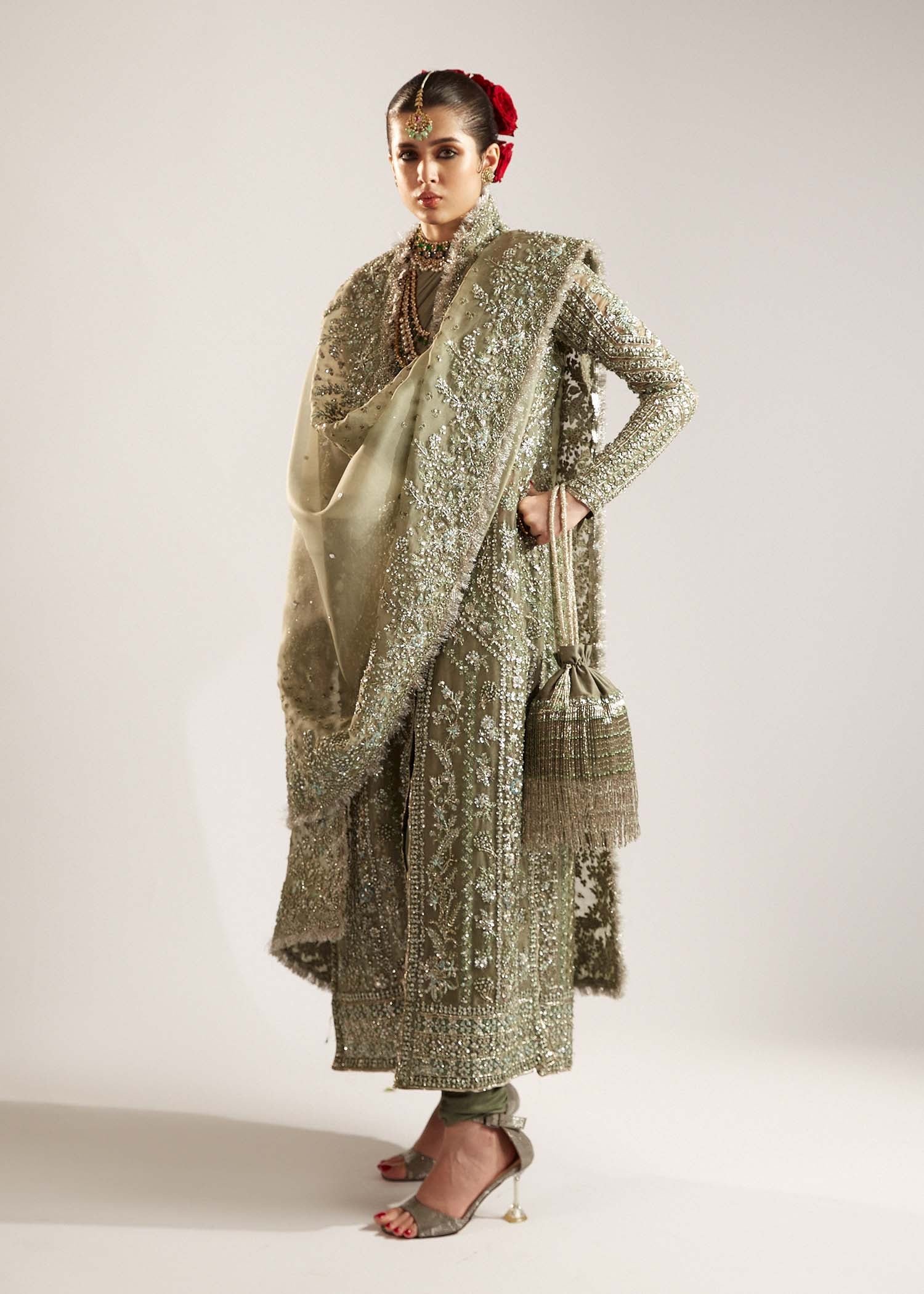 Hussain Rehar Jadeite Embroidered Organza Party Wear Suit - Model Front Look | Pakistani Designer Replica Wholesale | IQNAZ