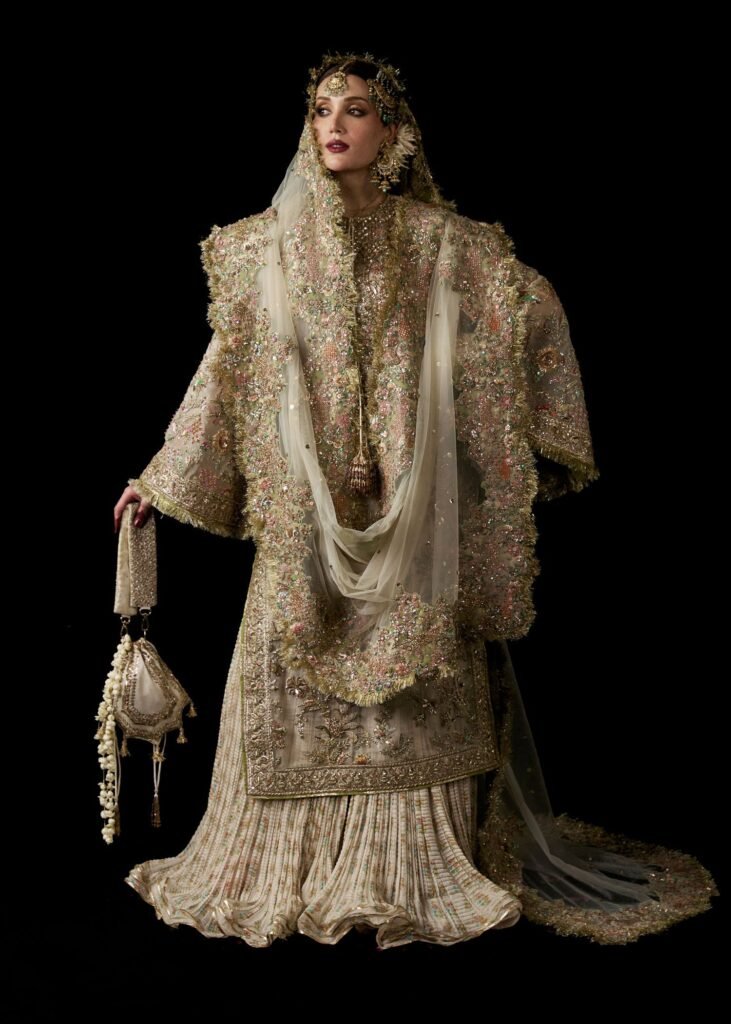 Hussain Rehar Mahtabi Embroidered Organza Party Wear Suit - Model Front Look | Pakistani Designer Replica Wholesale | IQNAZ