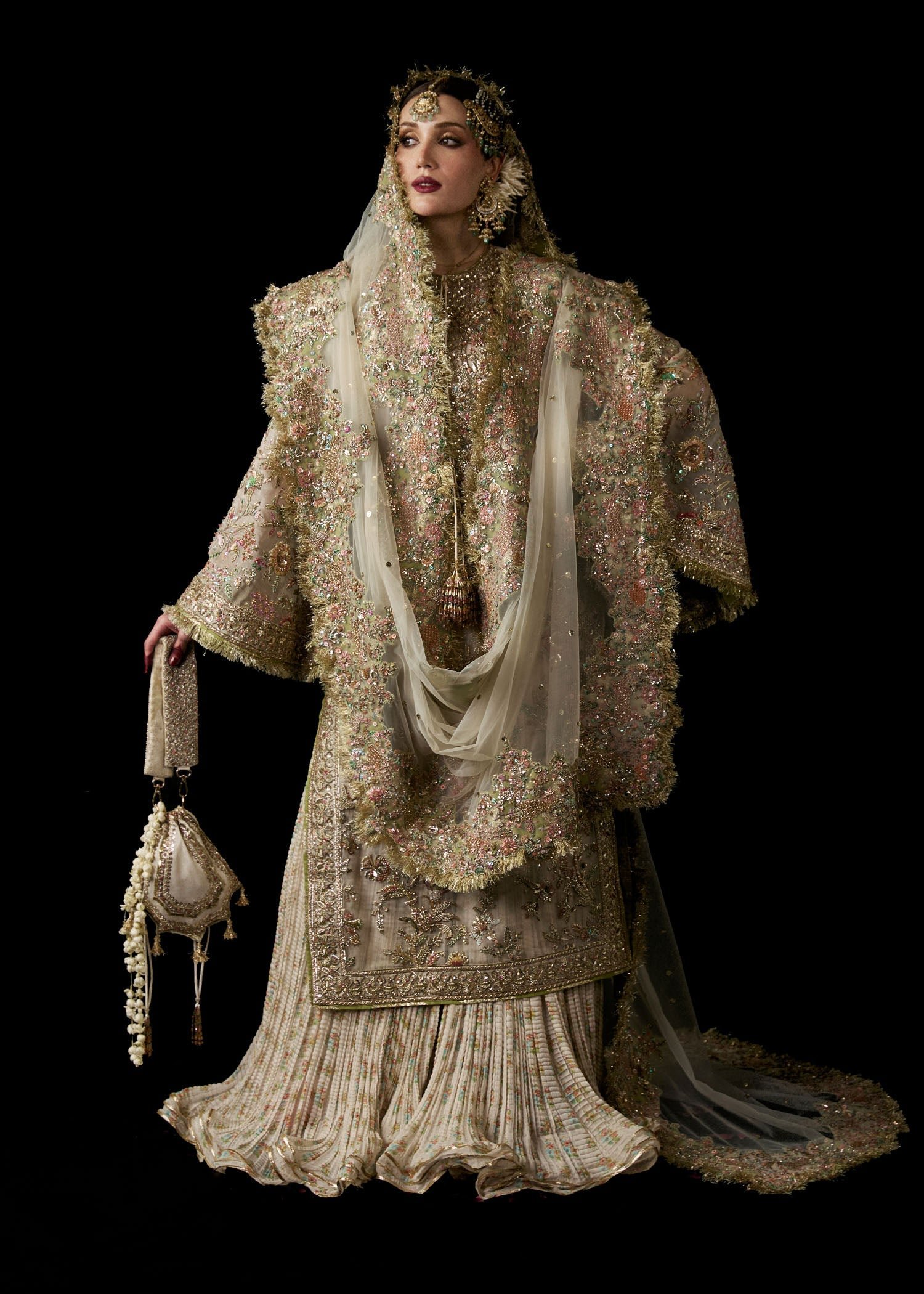 Hussain Rehar Mahtabi Embroidered Organza Party Wear Suit - Model Front Look | Pakistani Designer Replica Wholesale | IQNAZ