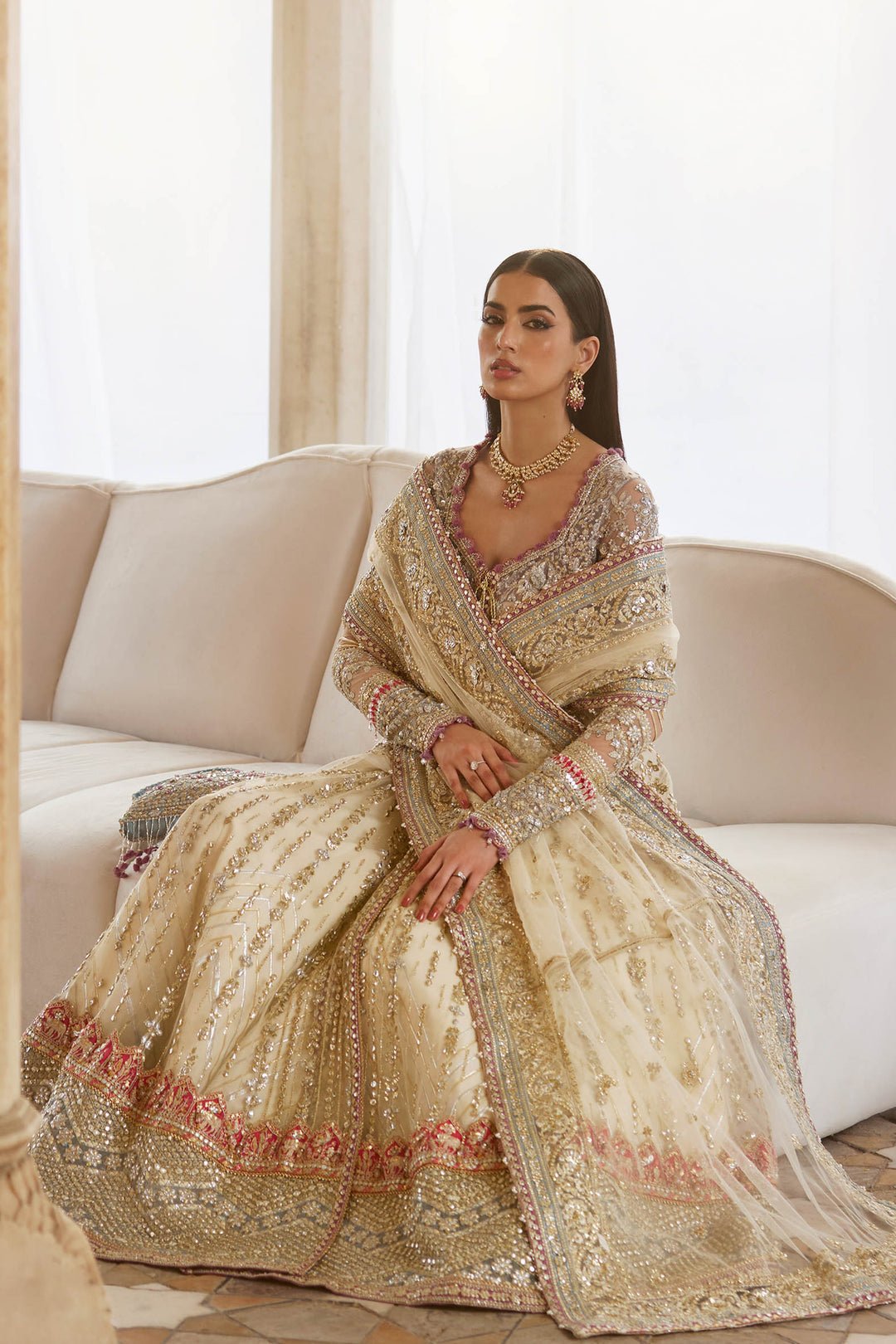 Zaha Zar-E Mahr Hand Embellished Raw Silk Bridal Lehenga - Embroidered Back & Daman Silhouette Detailing | IQNAZ